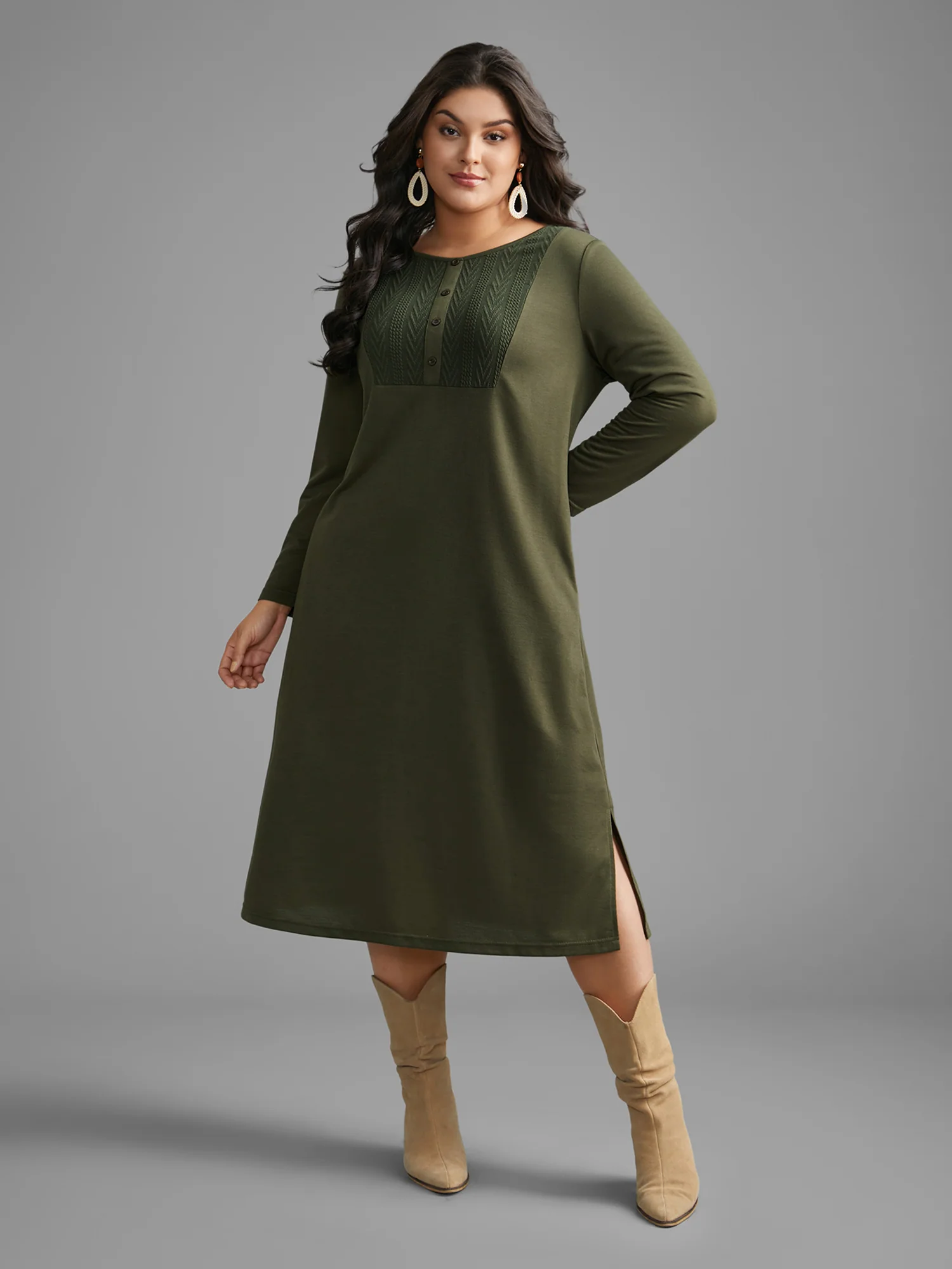 Textured Patchwork Button Detail Midi Dress - Image 4