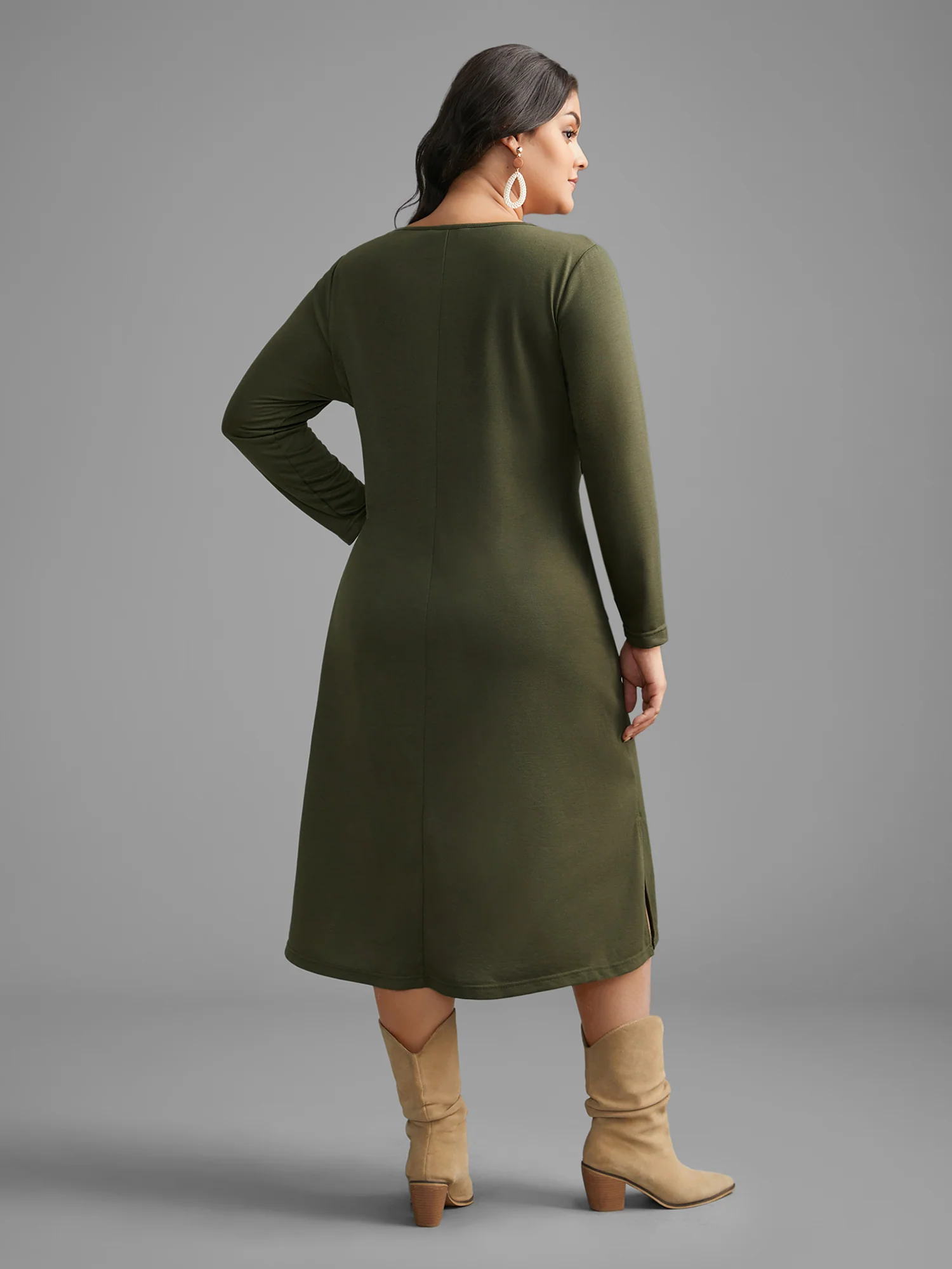 Textured Patchwork Button Detail Midi Dress - Image 5
