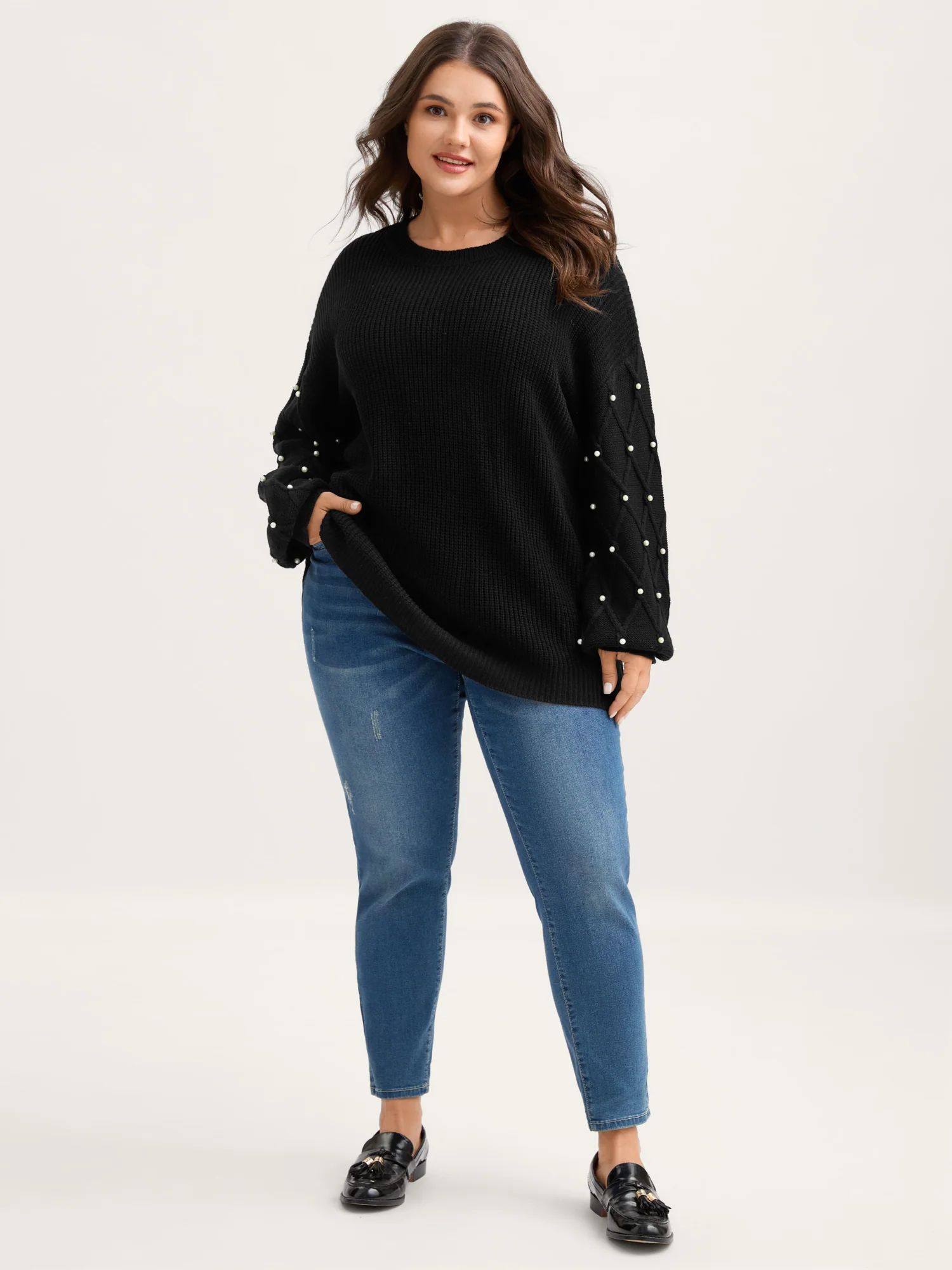 Textured Pearl Detail Drop Shoulder Pullover - Image 3