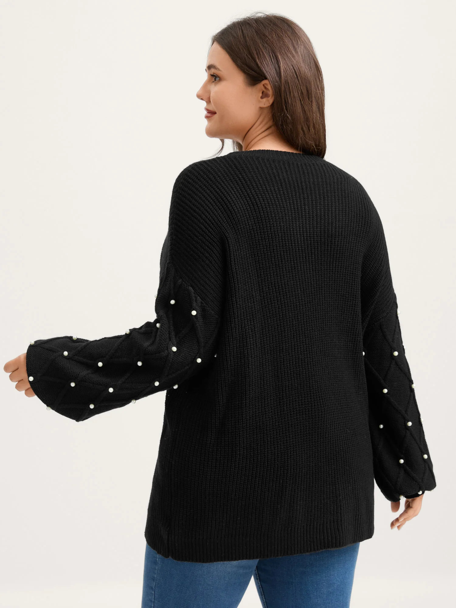 Textured Pearl Detail Drop Shoulder Pullover - Image 5