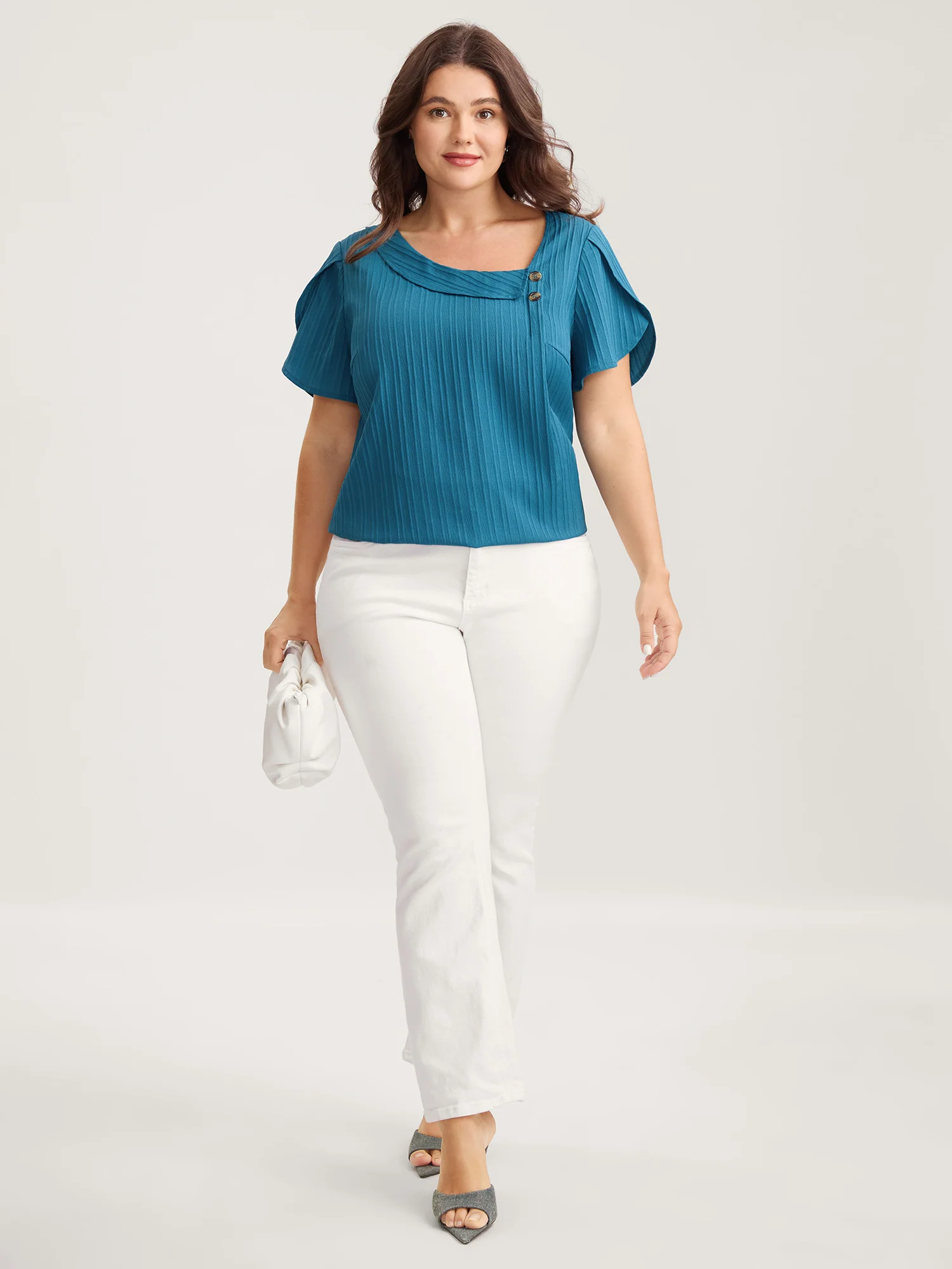Textured Petal Sleeve Asymmetrical Neck Blouse - Image 3