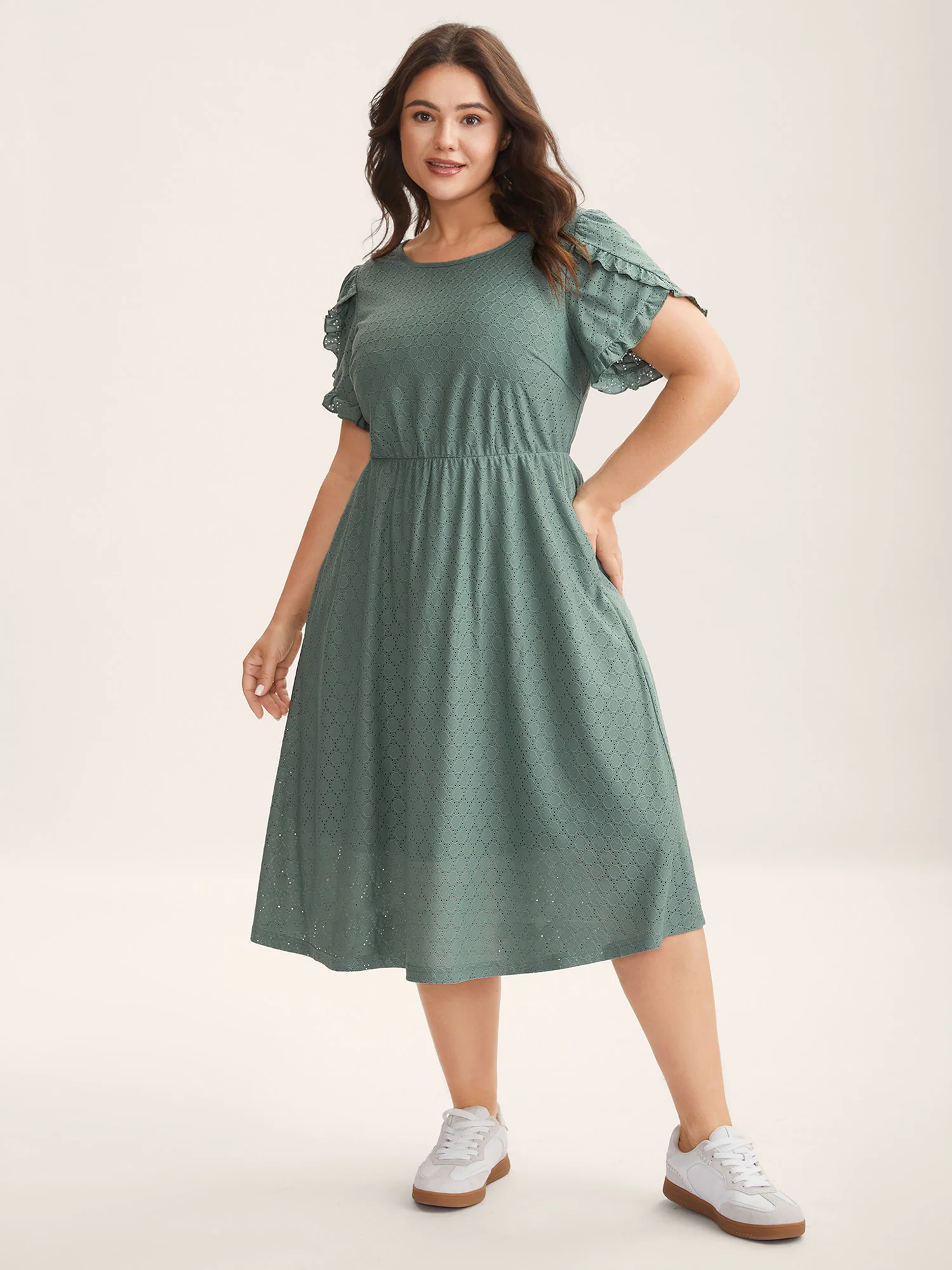 Textured Petal Sleeve Pockets Midi Dress - Image 3