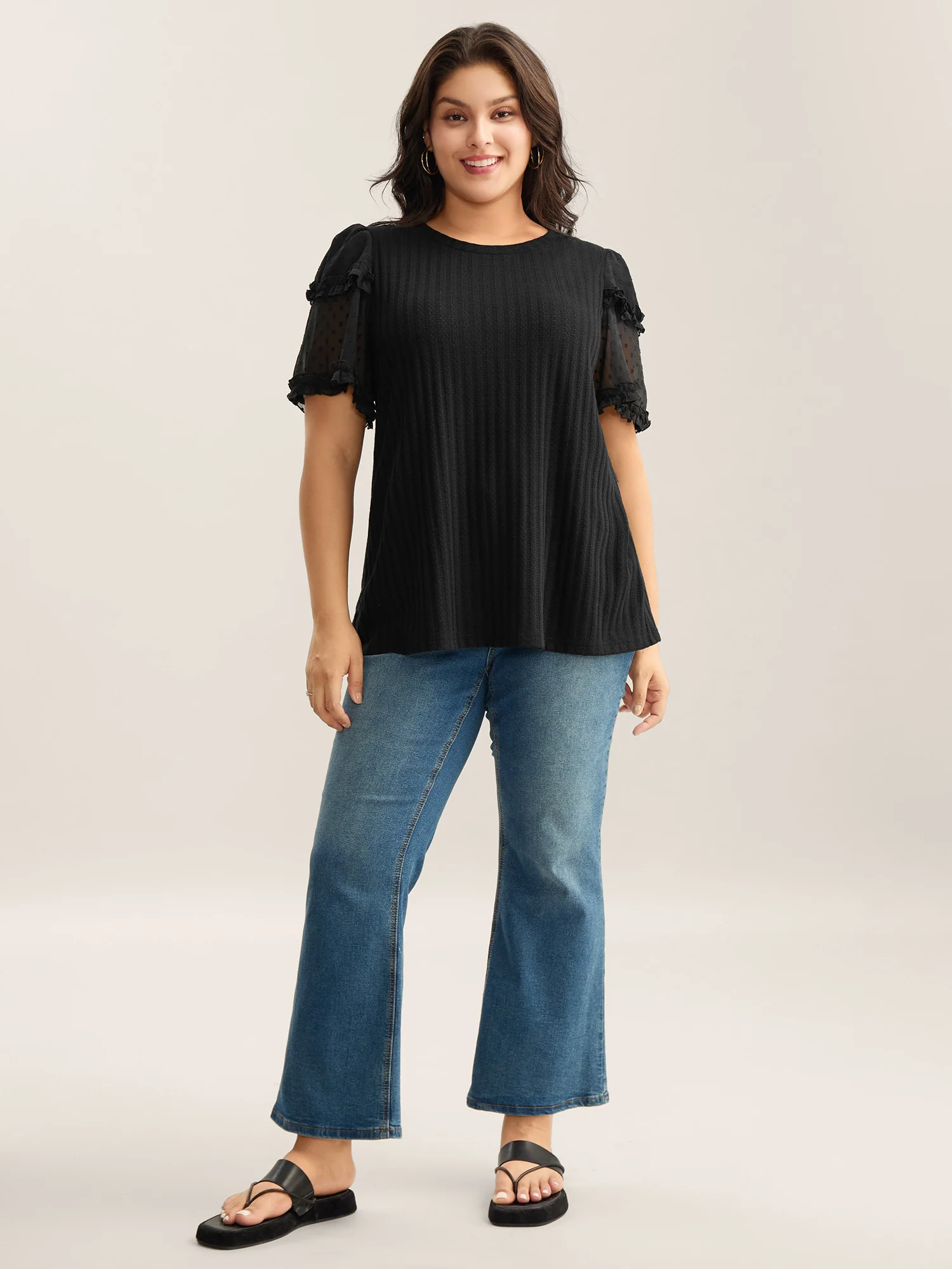 Textured Pit Strip Layered Sleeve Sheer T-Shirt - Image 3
