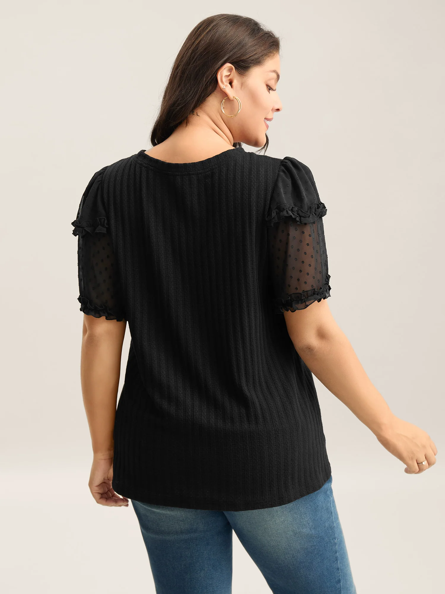 Textured Pit Strip Layered Sleeve Sheer T-Shirt - Image 4
