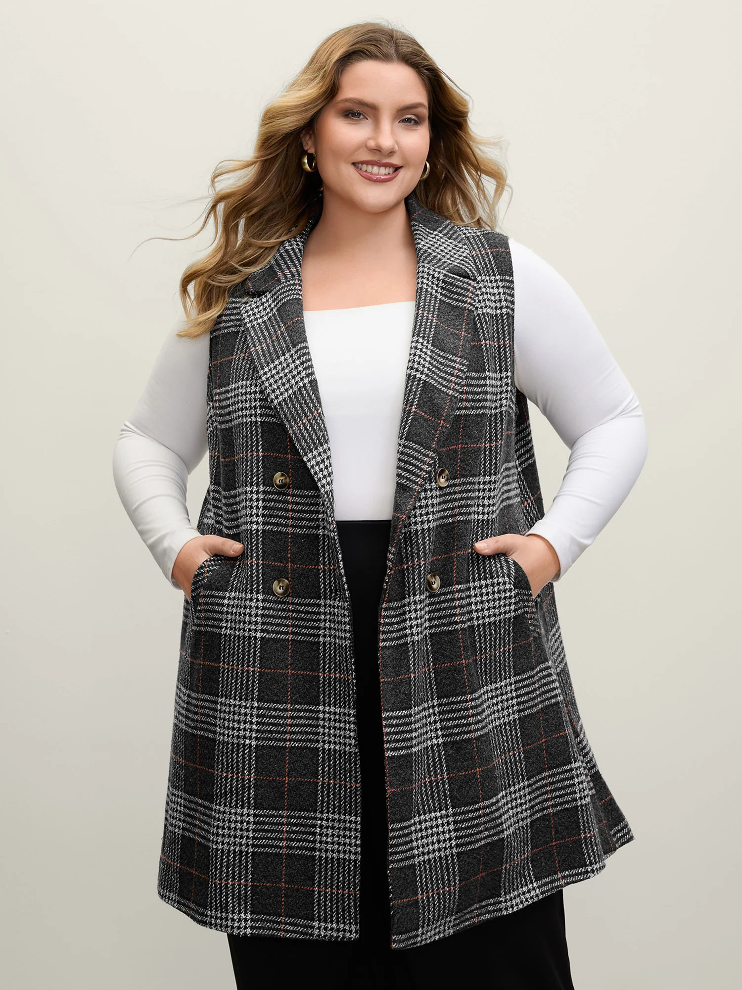 Textured Plaid Pattern Pockets Long Vest - Image 2