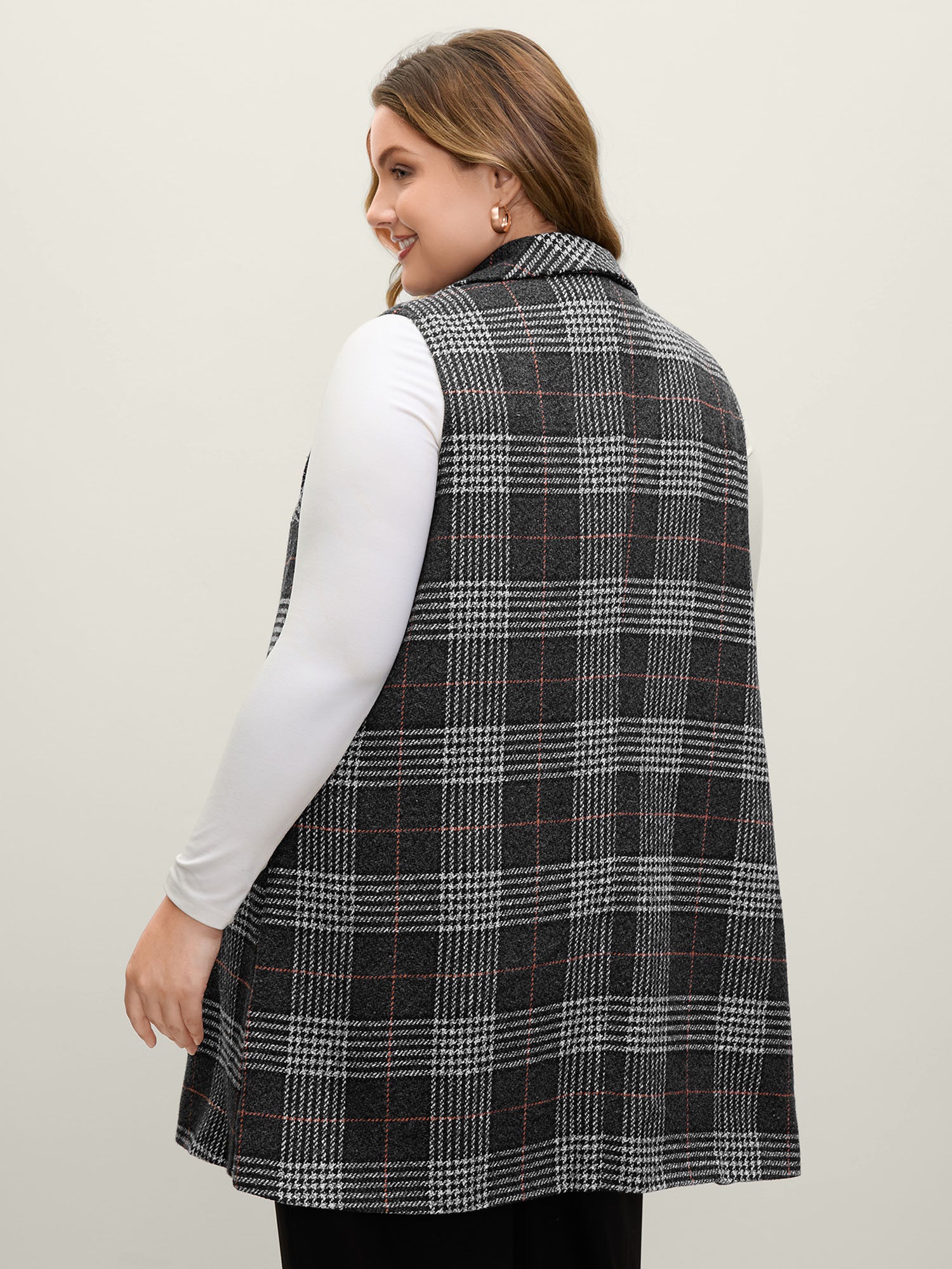Textured Plaid Pattern Pockets Long Vest - Image 5