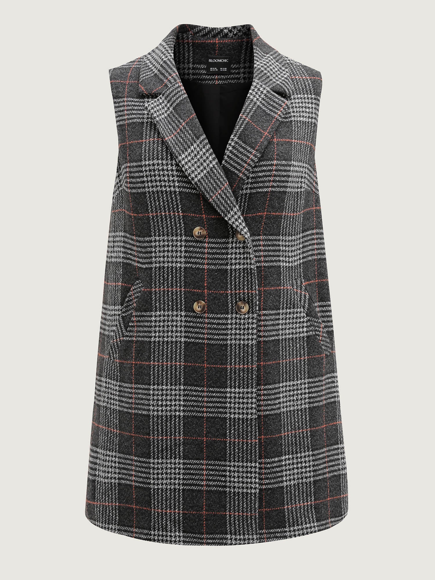 Textured Plaid Pattern Pockets Long Vest - Image 6