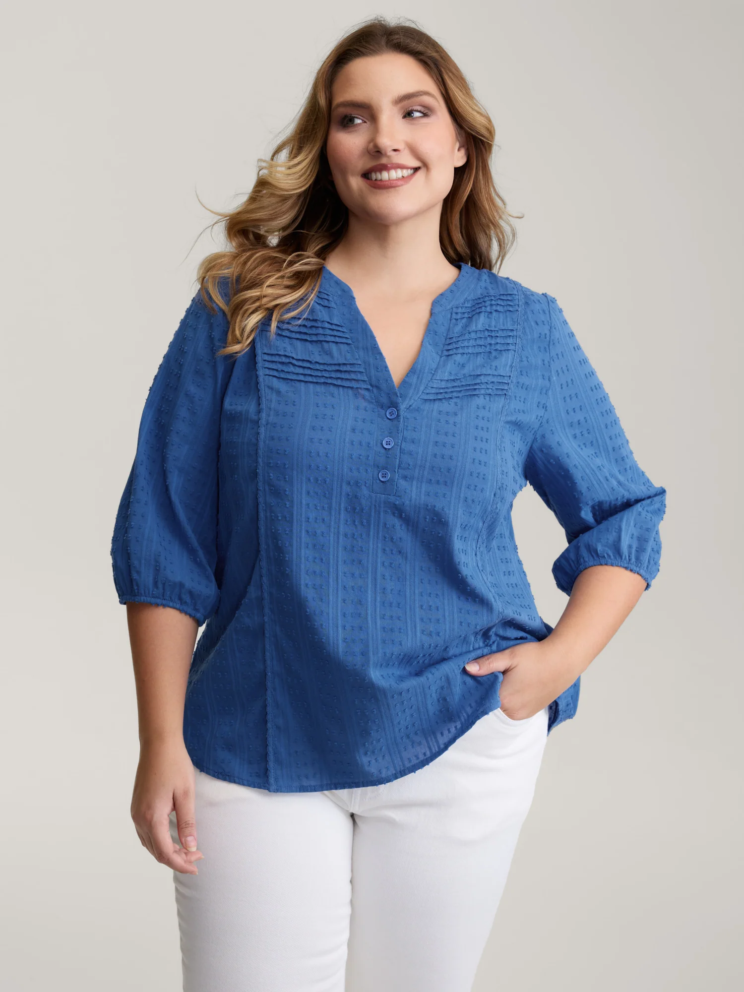 Textured Pleated Notched Neckline Blouse - Image 2