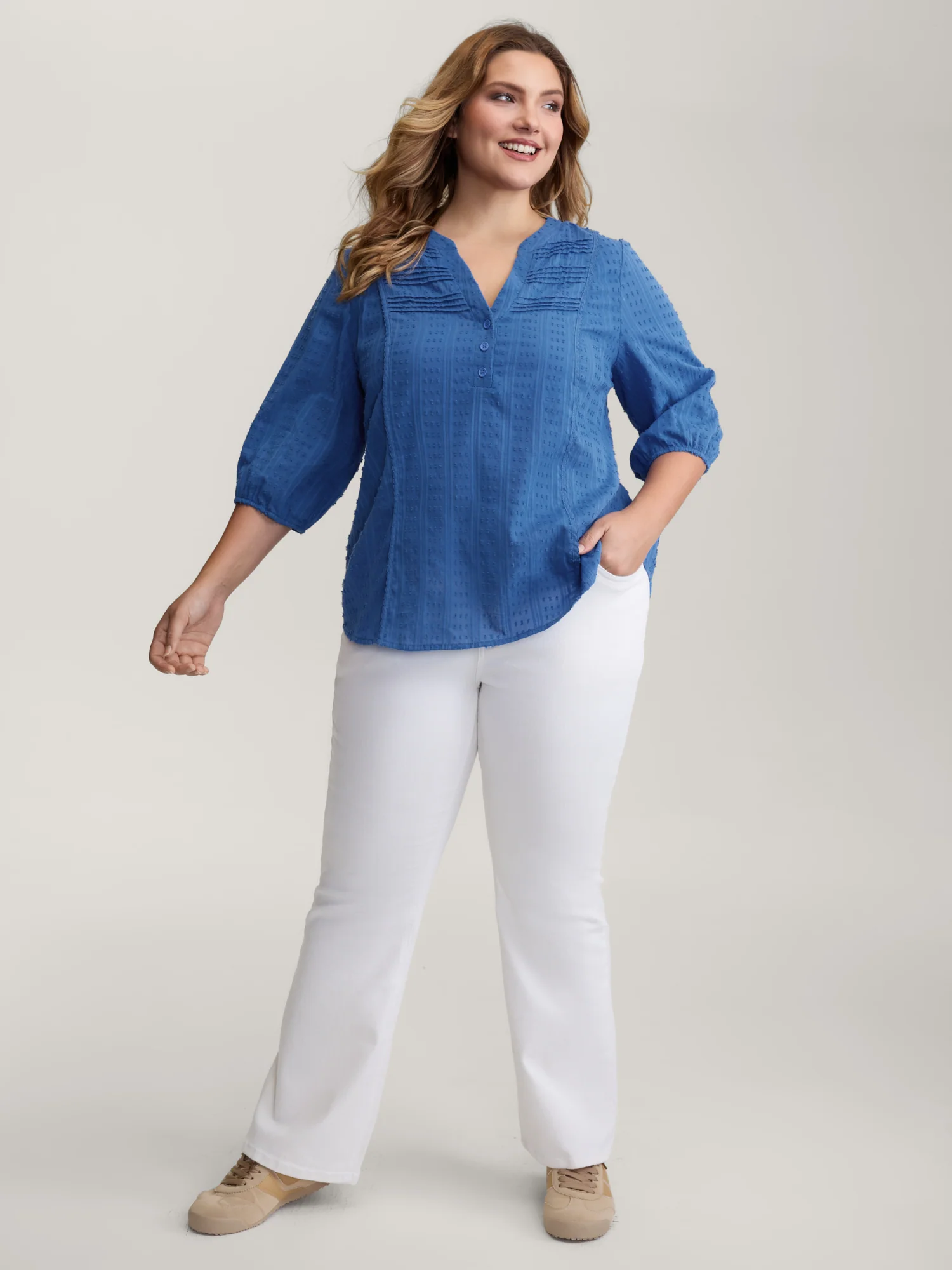 Textured Pleated Notched Neckline Blouse - Image 3