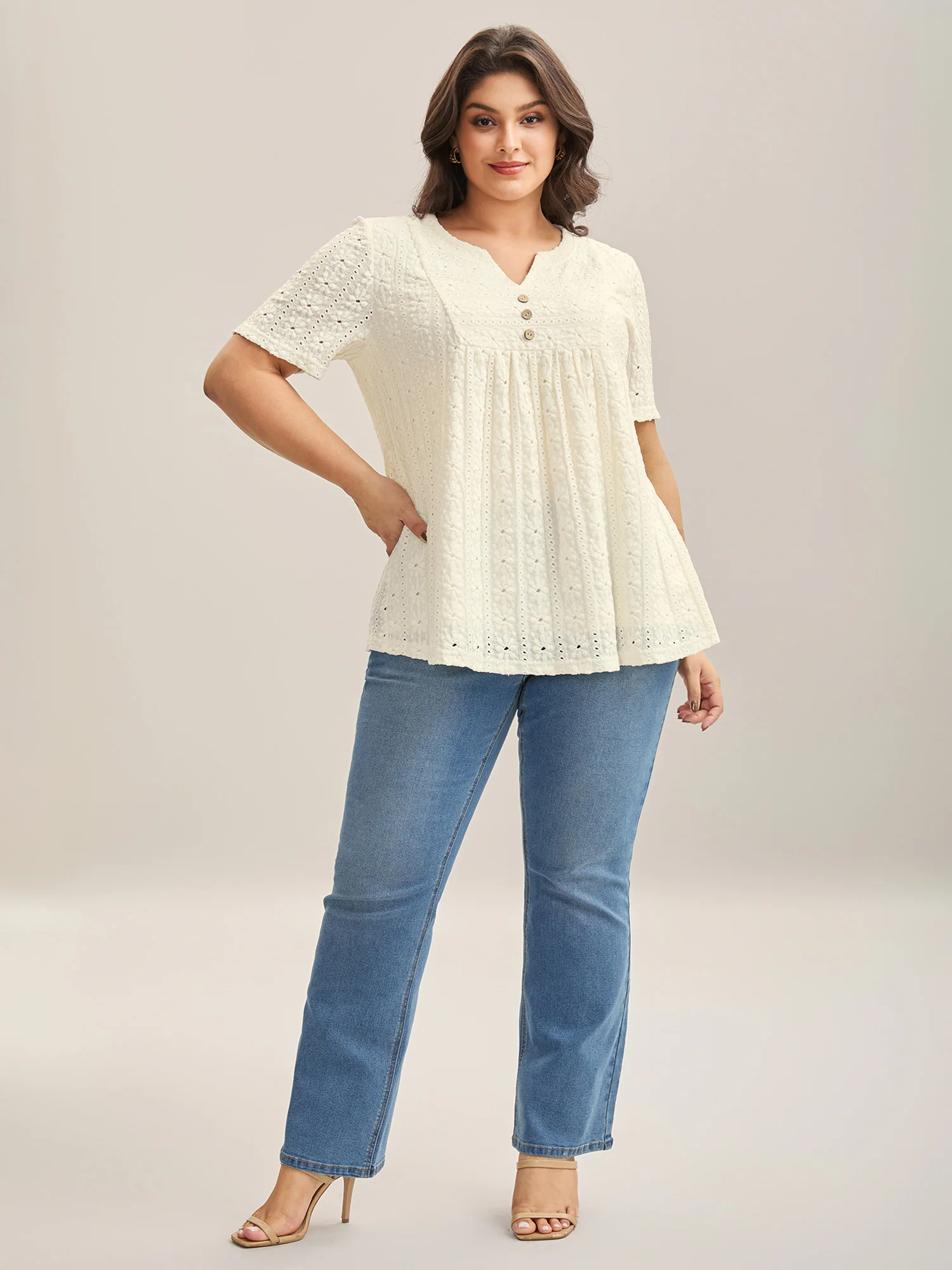 Textured Pleated Split Neck T-Shirt - Image 3