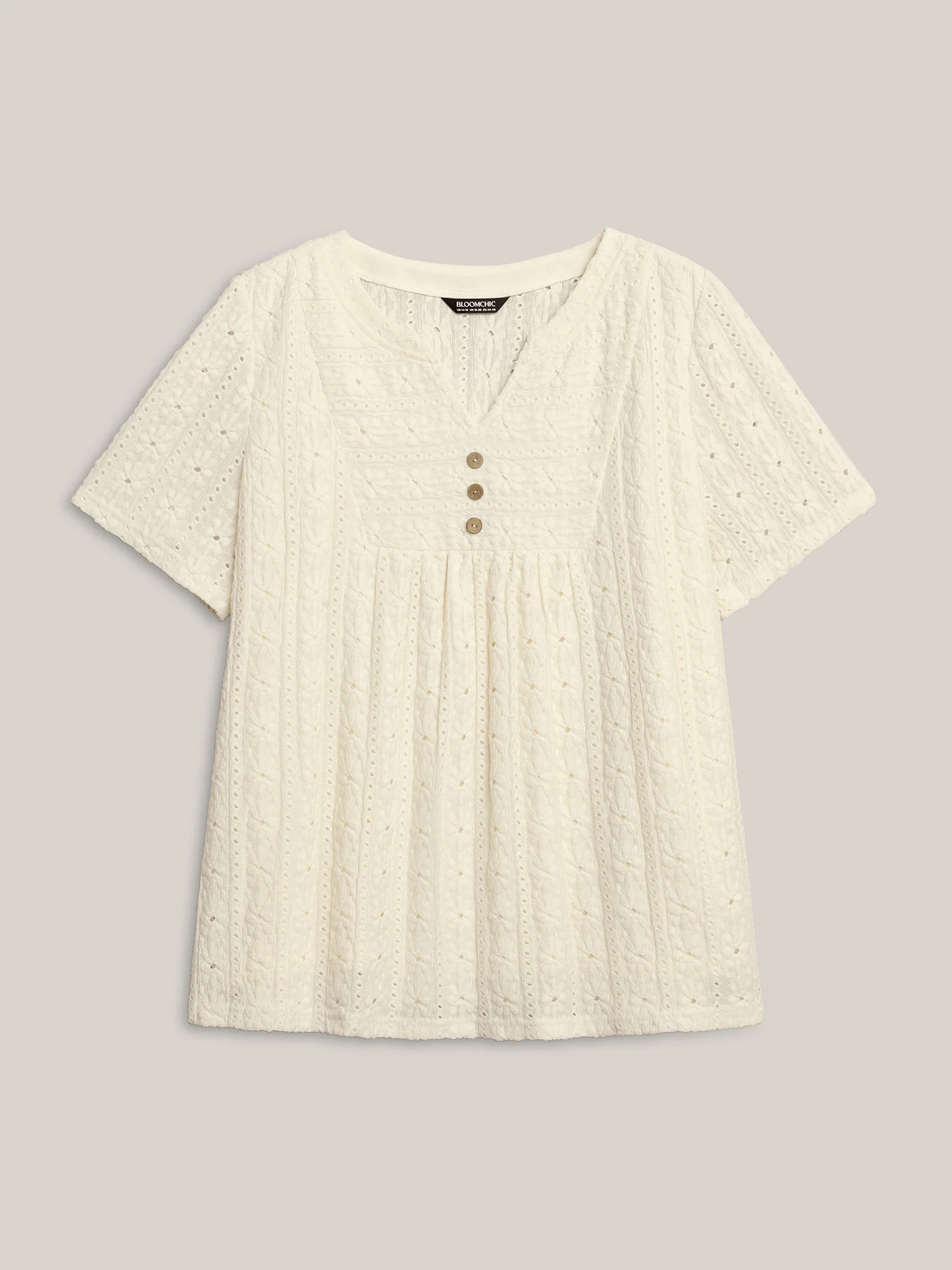 Textured Pleated Split Neck T-Shirt - Image 7