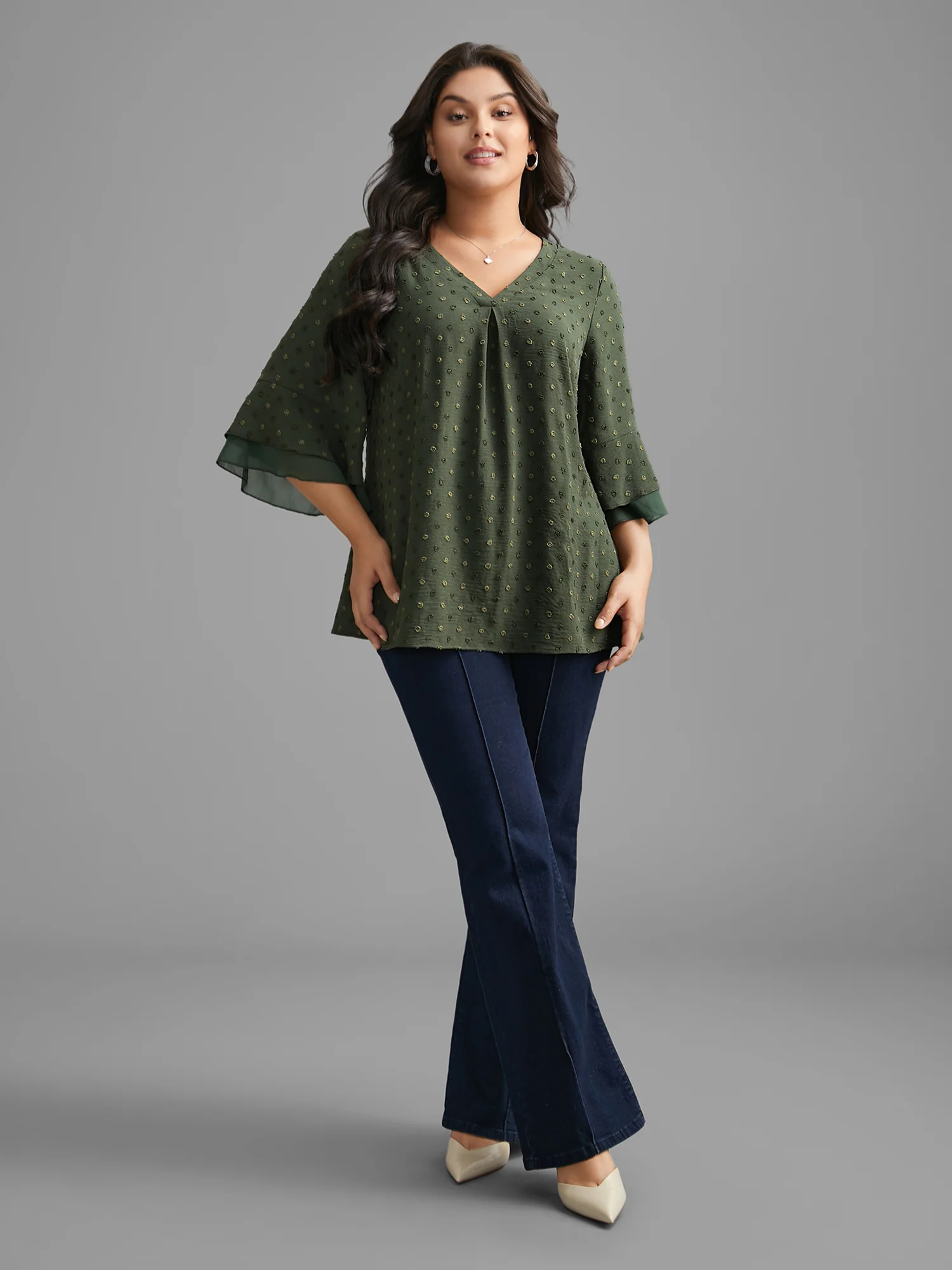 Textured Pleated Tiered Ruffle Sleeve Blouse - Image 2