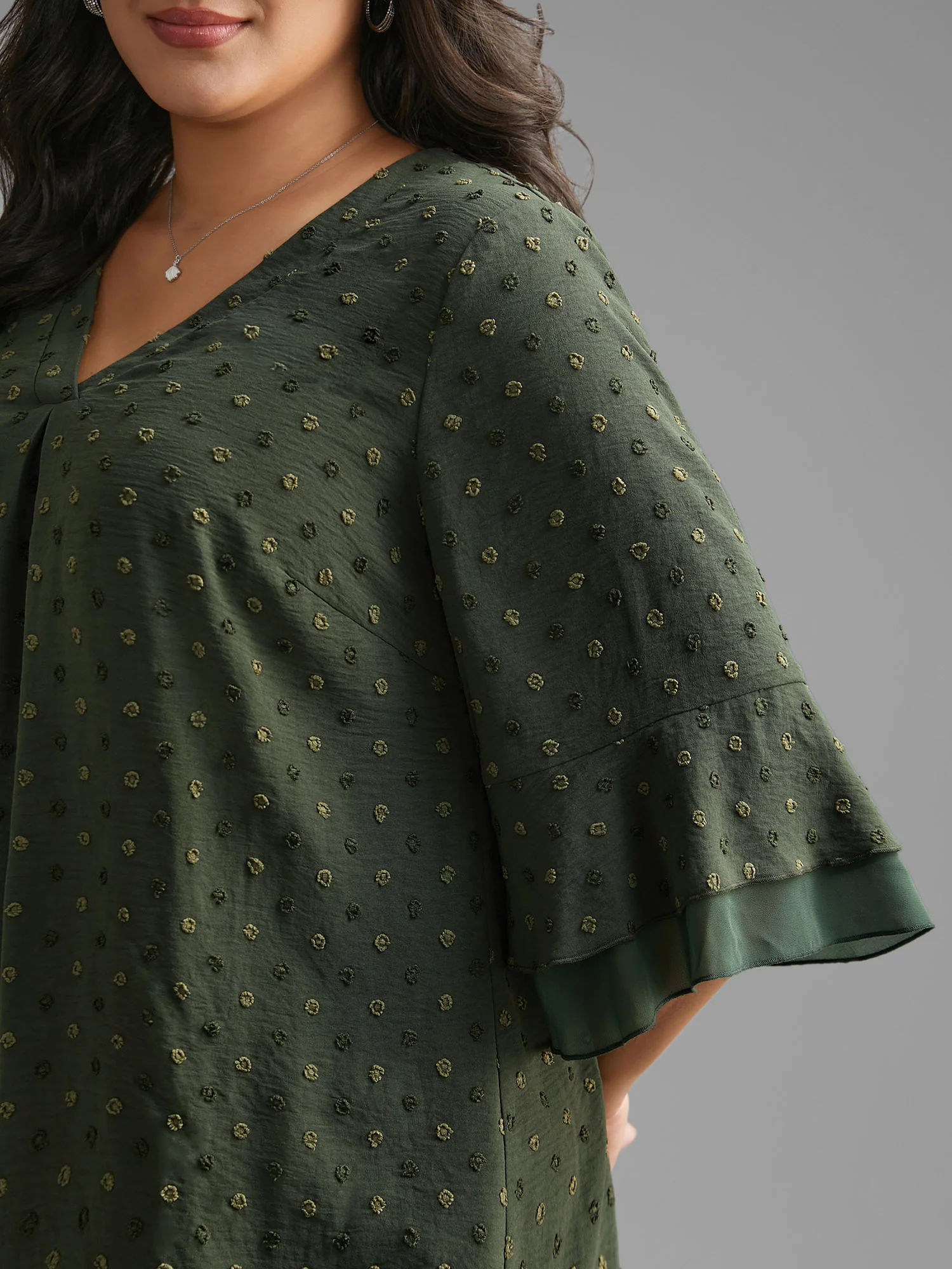 Textured Pleated Tiered Ruffle Sleeve Blouse - Image 3