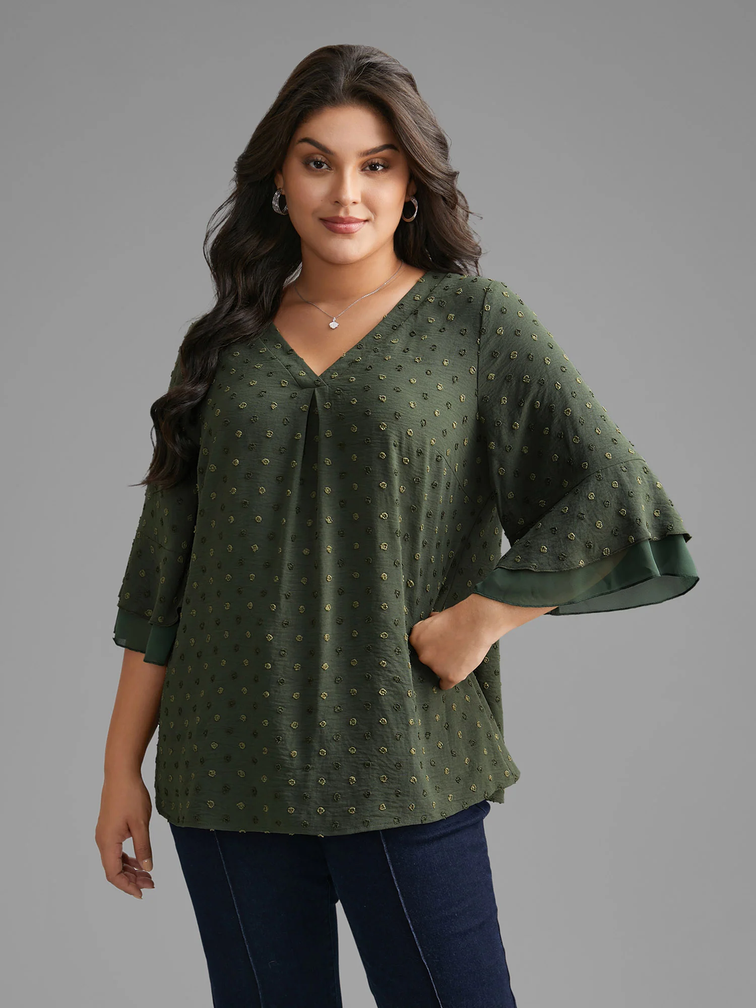 Textured Pleated Tiered Ruffle Sleeve Blouse - Image 4
