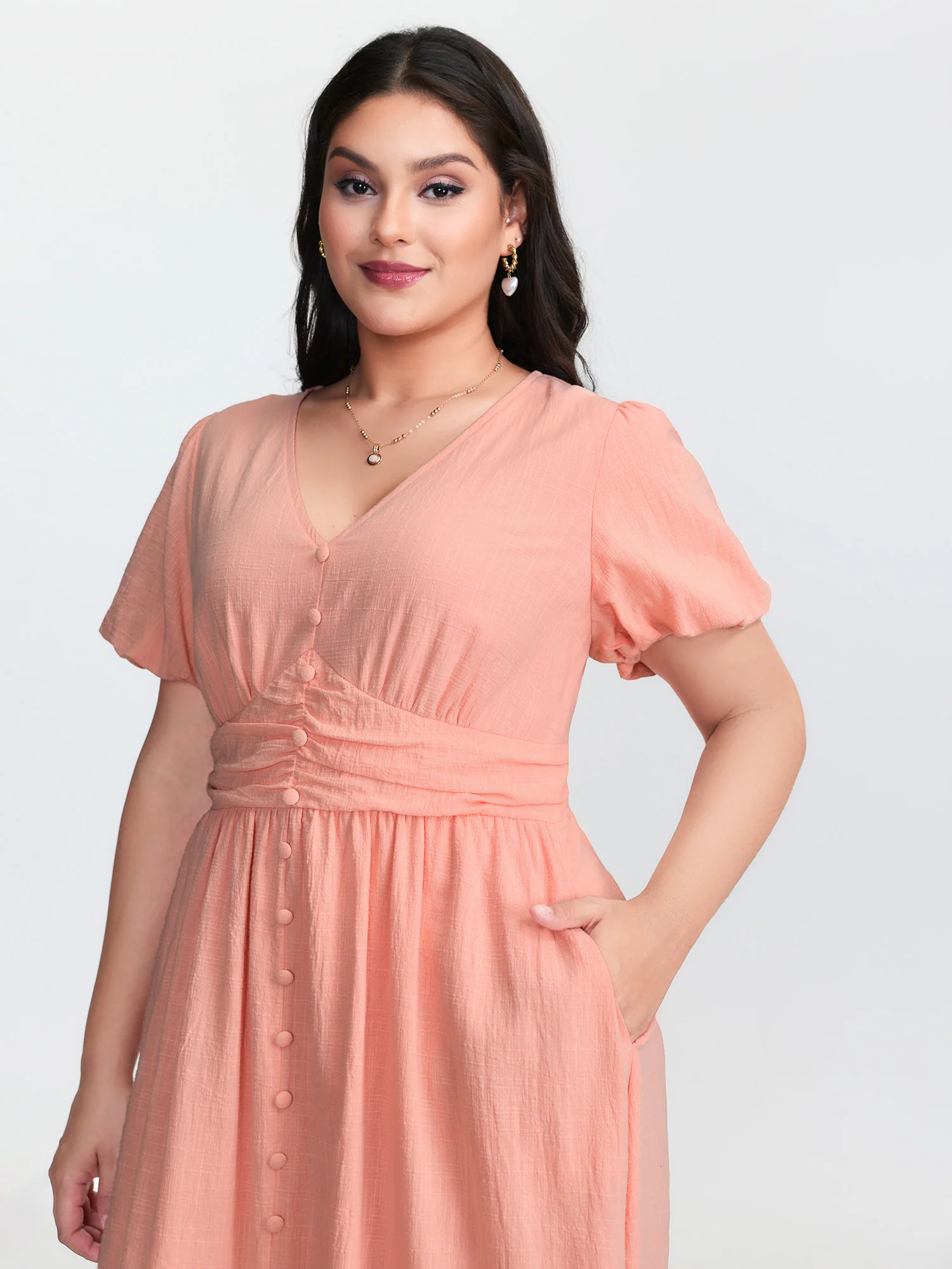 Cotton Textured Pleated Waist Placket Button Maxi Dress - Image 2