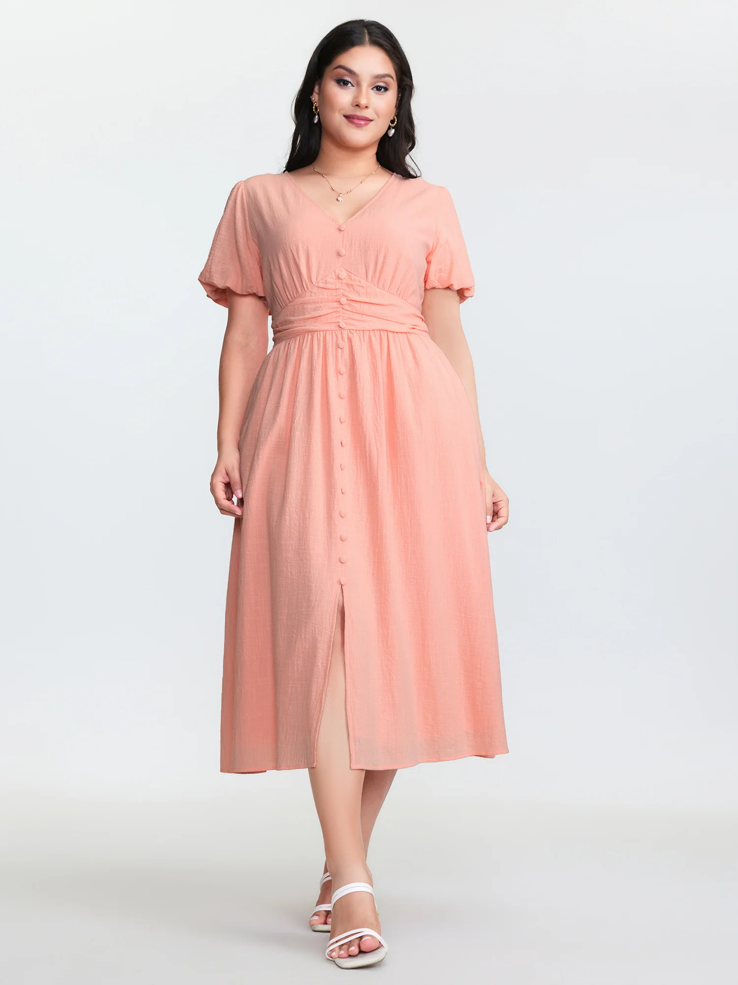 Cotton Textured Pleated Waist Placket Button Maxi Dress - Image 3