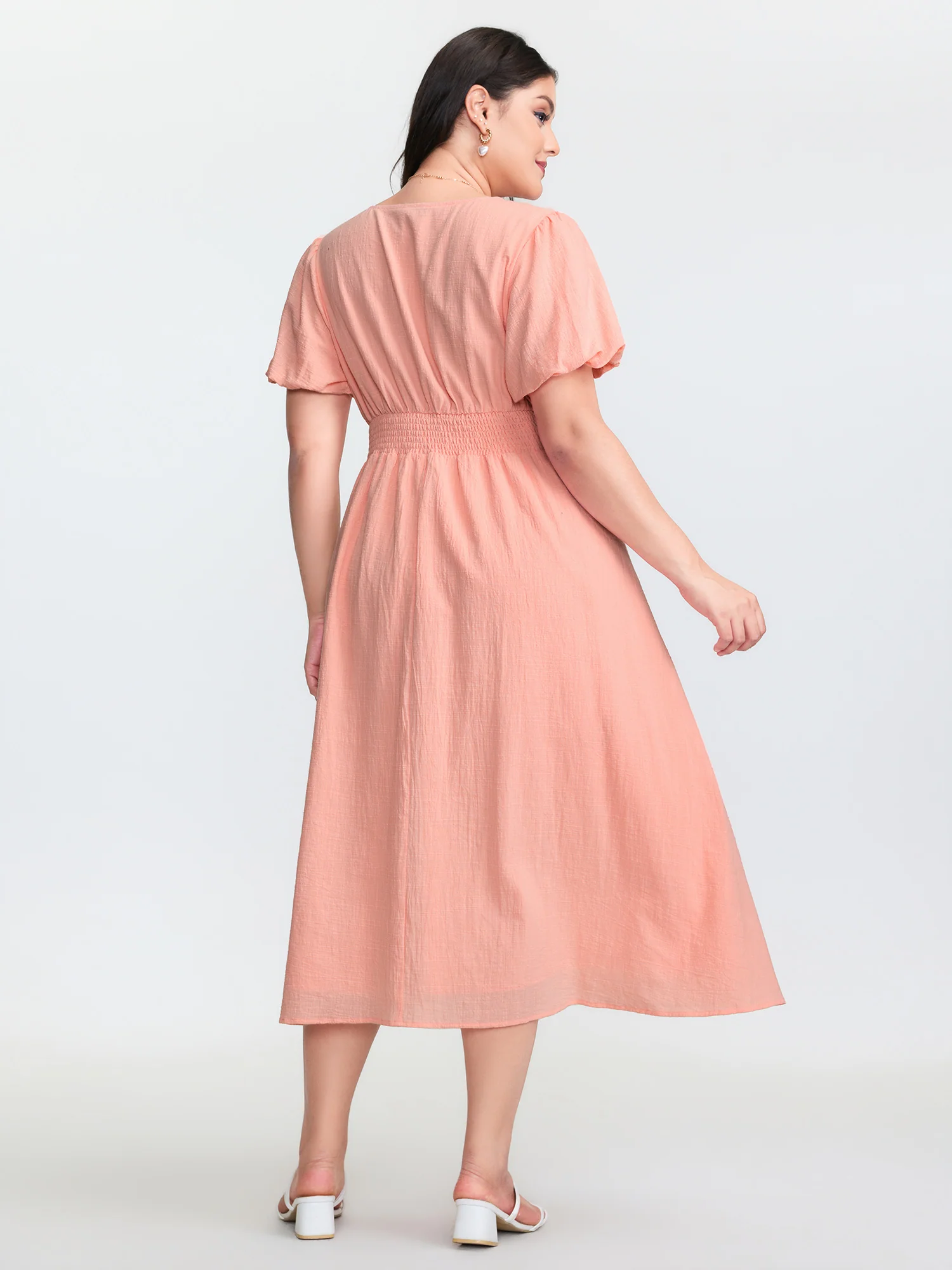 Cotton Textured Pleated Waist Placket Button Maxi Dress - Image 4