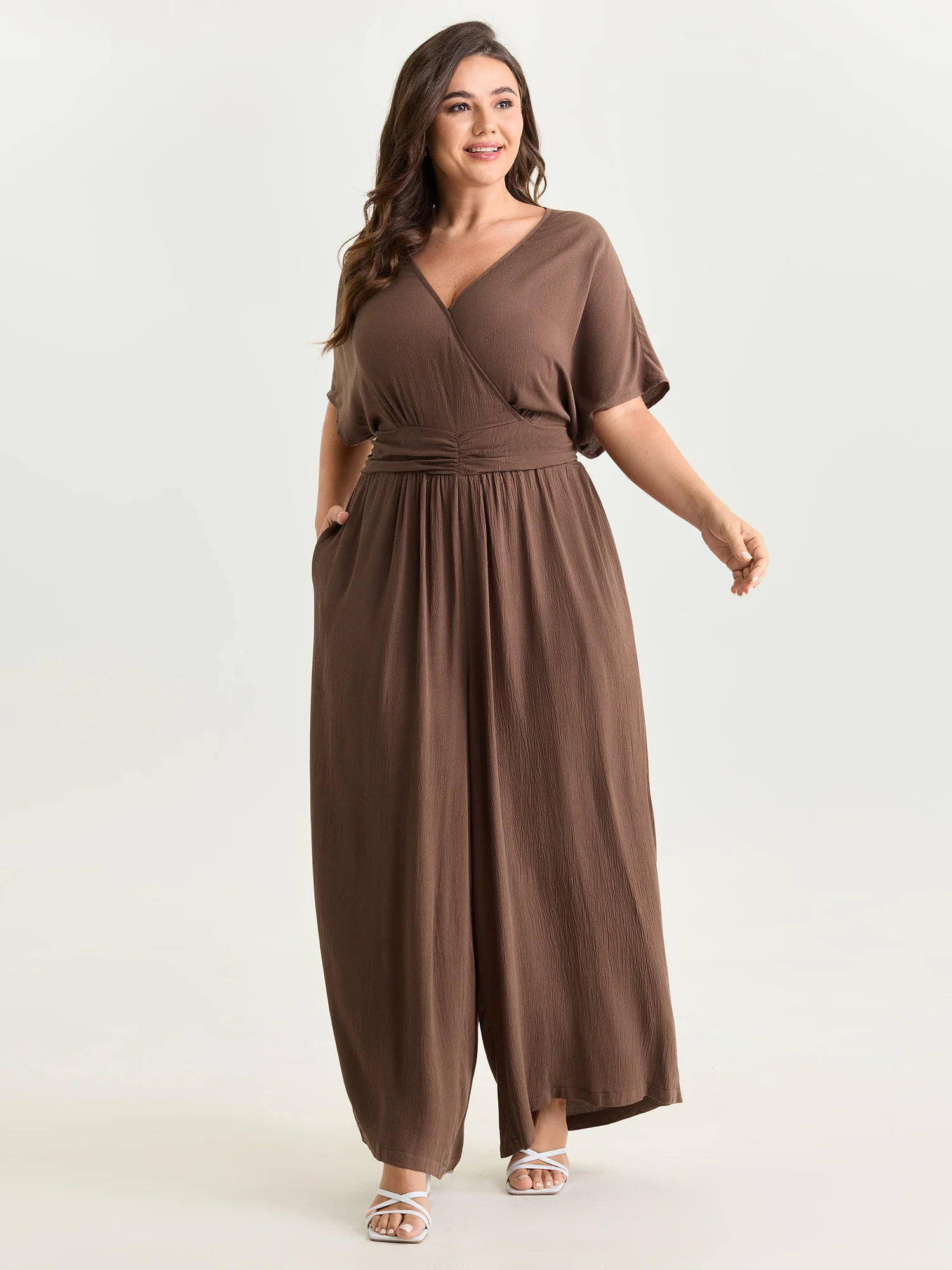 Textured Pleated Waist Surplice Jumpsuit - Image 3