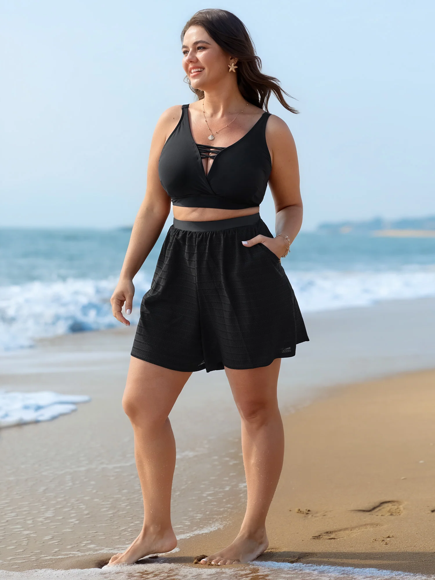 Textured Pocket High-Waisted Swim Shorts - Image 2