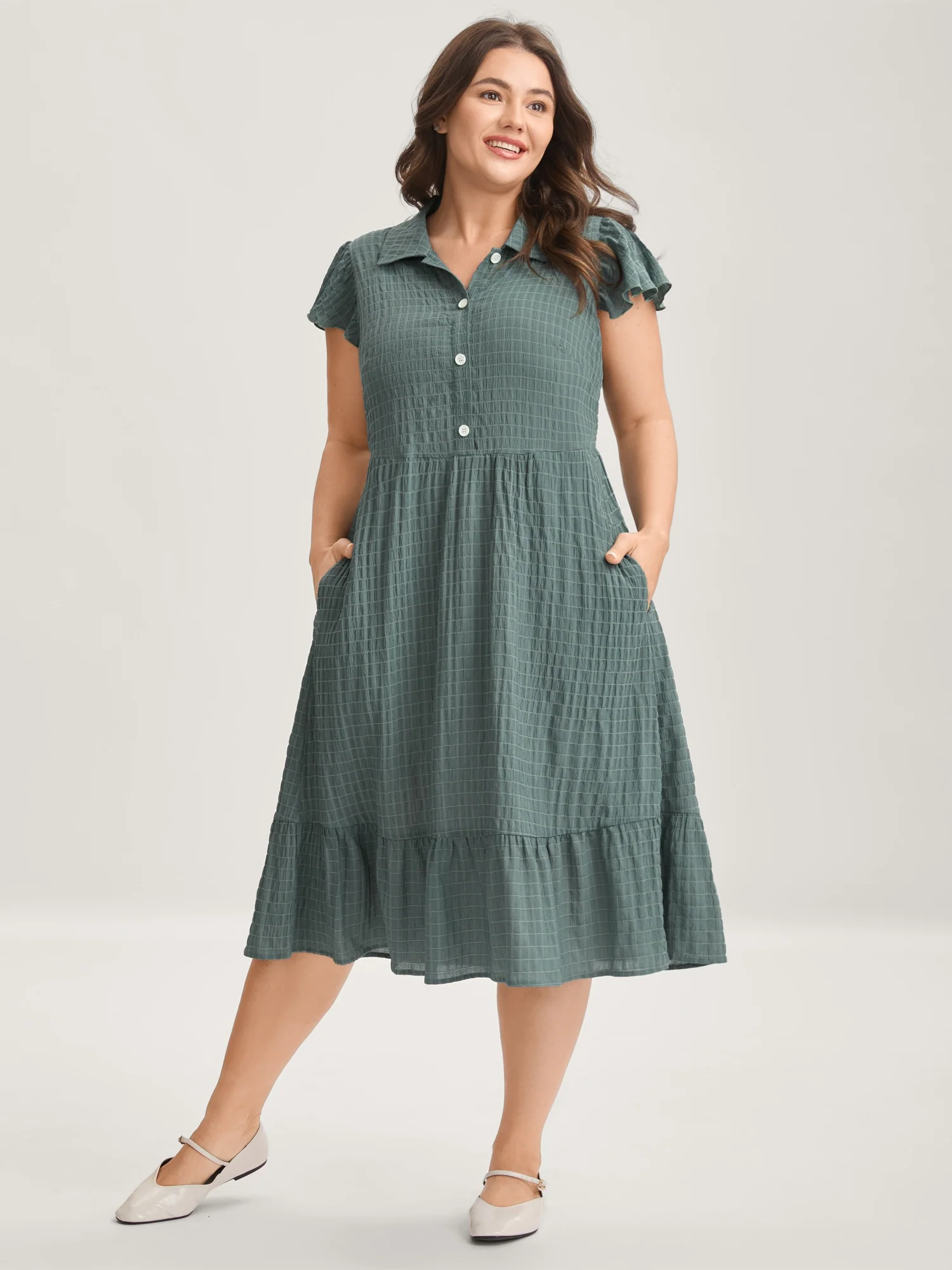 Textured Pockets Collar Flutter Sleeve Midi Dress - Image 3
