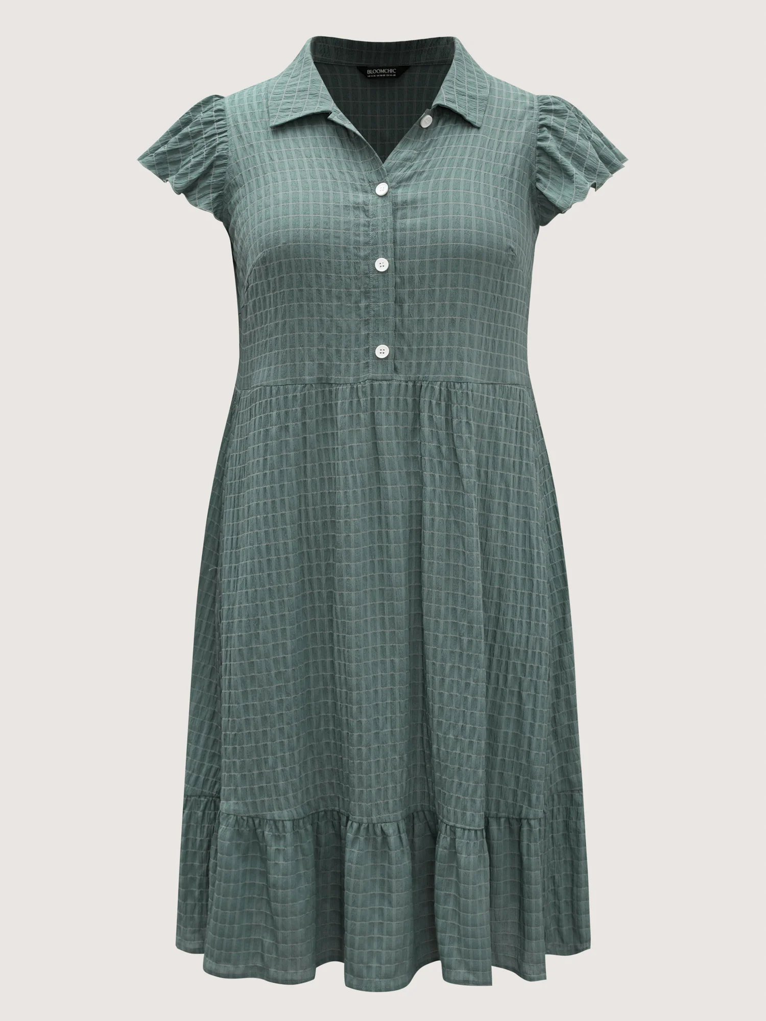 Textured Pockets Collar Flutter Sleeve Midi Dress - Image 7