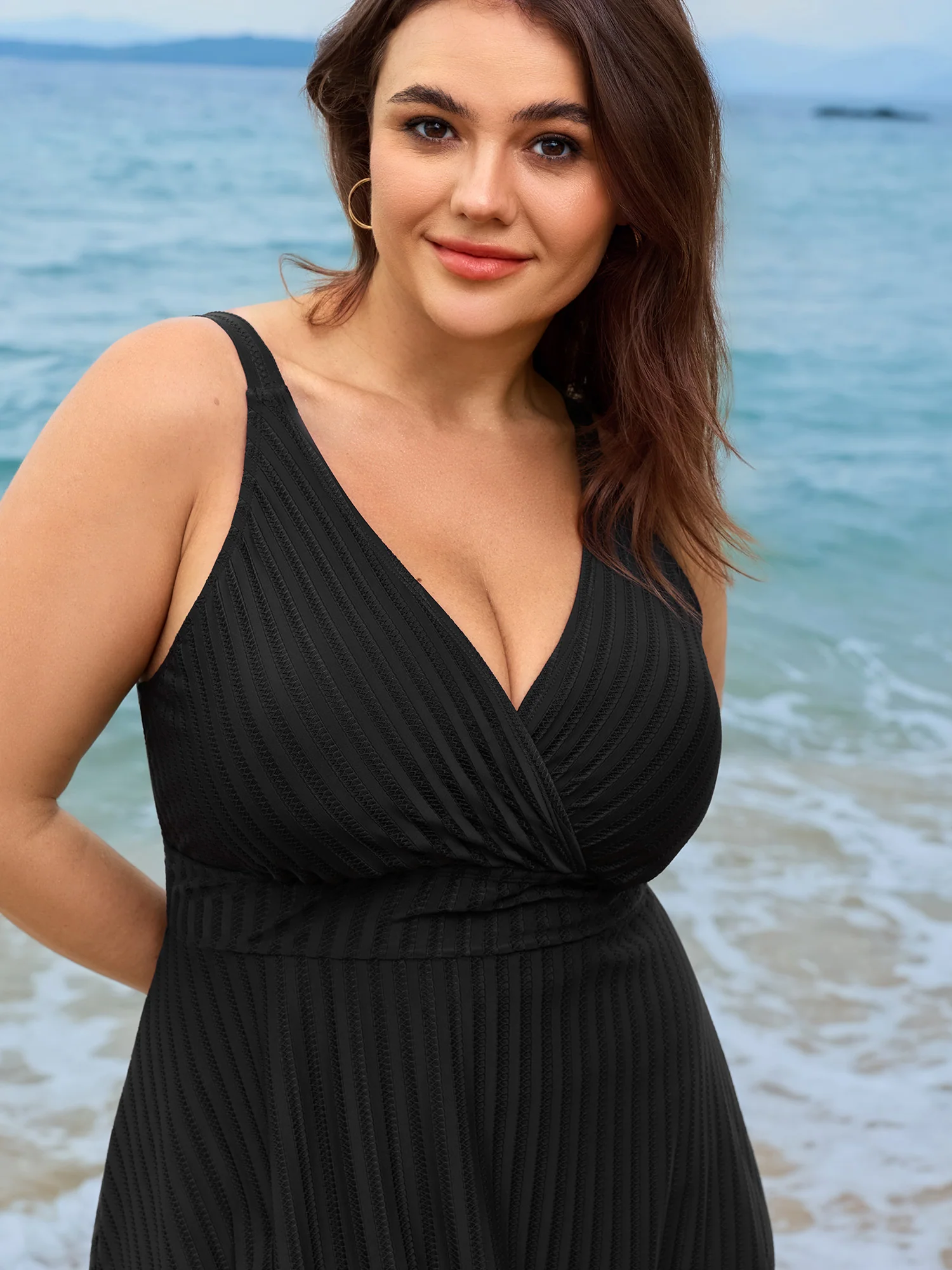 Textured Pockets Surplice Neckline Swim Dress - Image 2