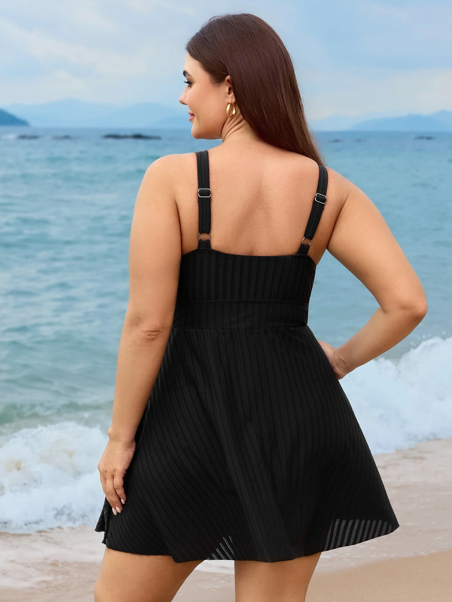 Textured Pockets Surplice Neckline Swim Dress - Image 5