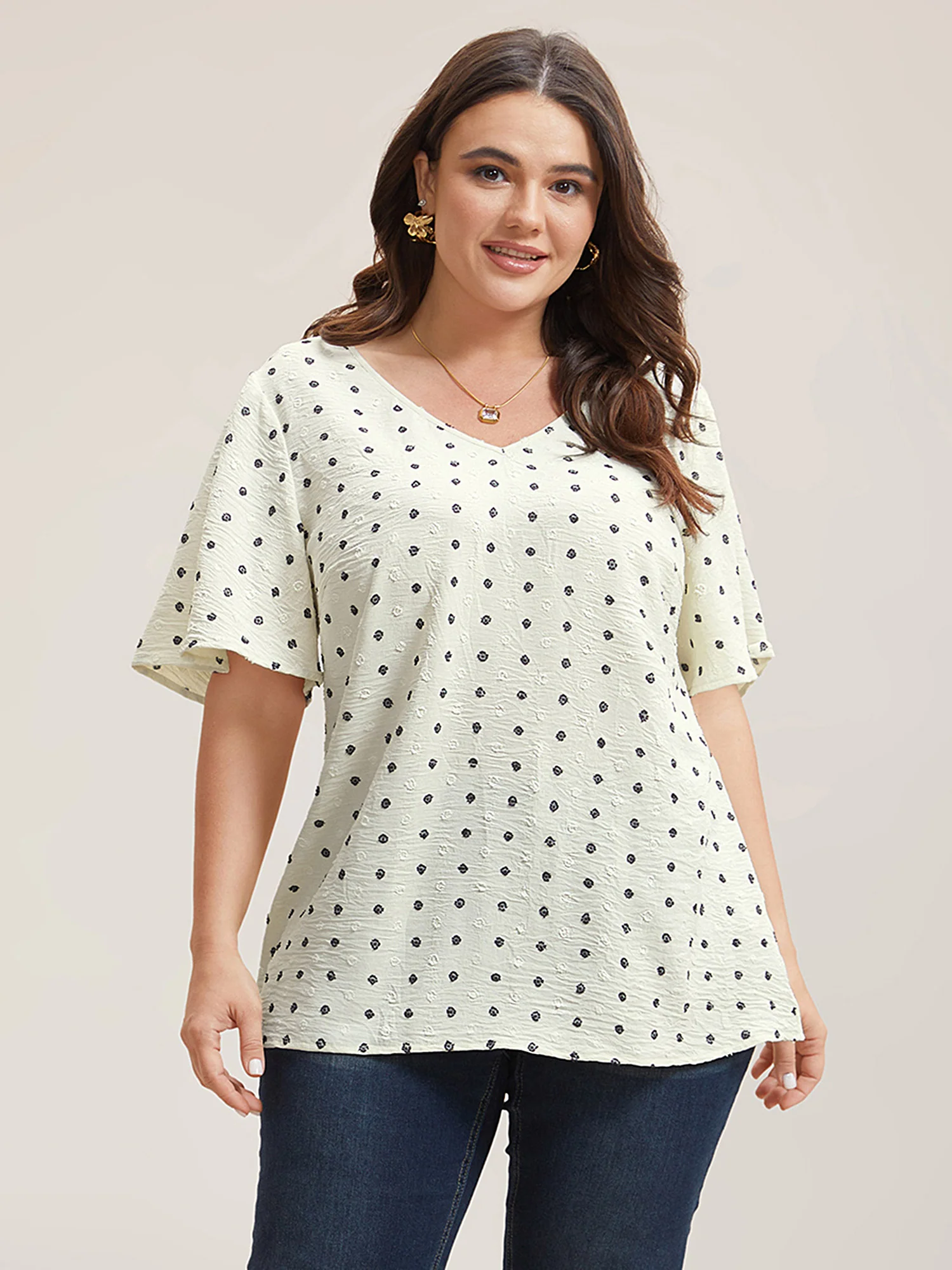 Textured Polka Dot Print Flared Sleeve Shirt - Image 2