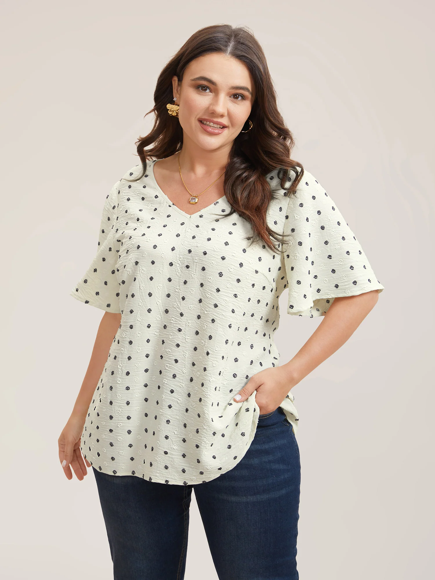 Textured Polka Dot Print Flared Sleeve Shirt - Image 3