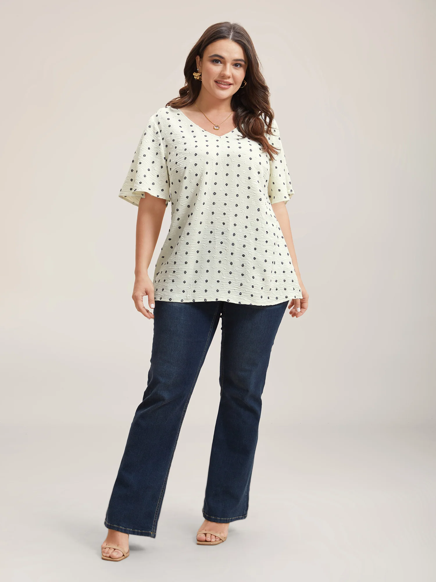Textured Polka Dot Print Flared Sleeve Shirt - Image 4