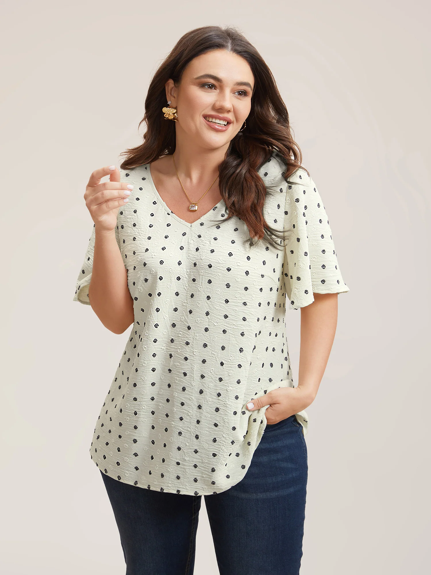 Textured Polka Dot Print Flared Sleeve Shirt - Image 5