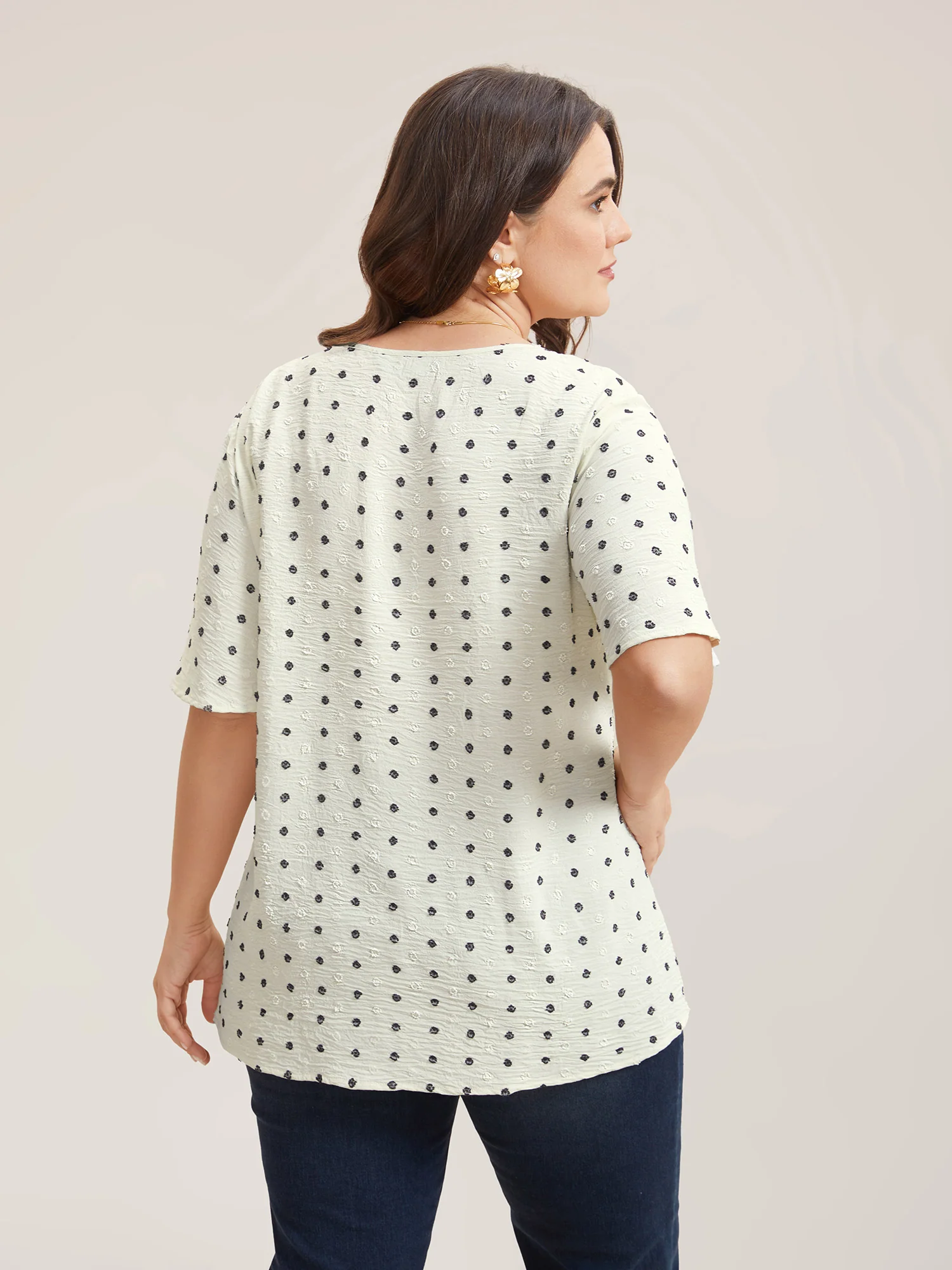 Textured Polka Dot Print Flared Sleeve Shirt - Image 6