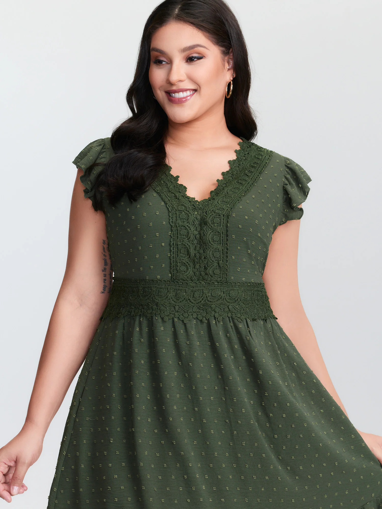 Textured Polka Dots Lace Trim Mini Dress - Image 2