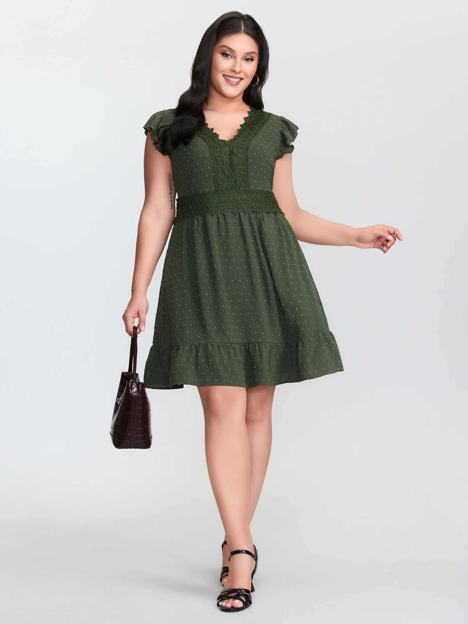 Textured Polka Dots Lace Trim Mini Dress - Image 3