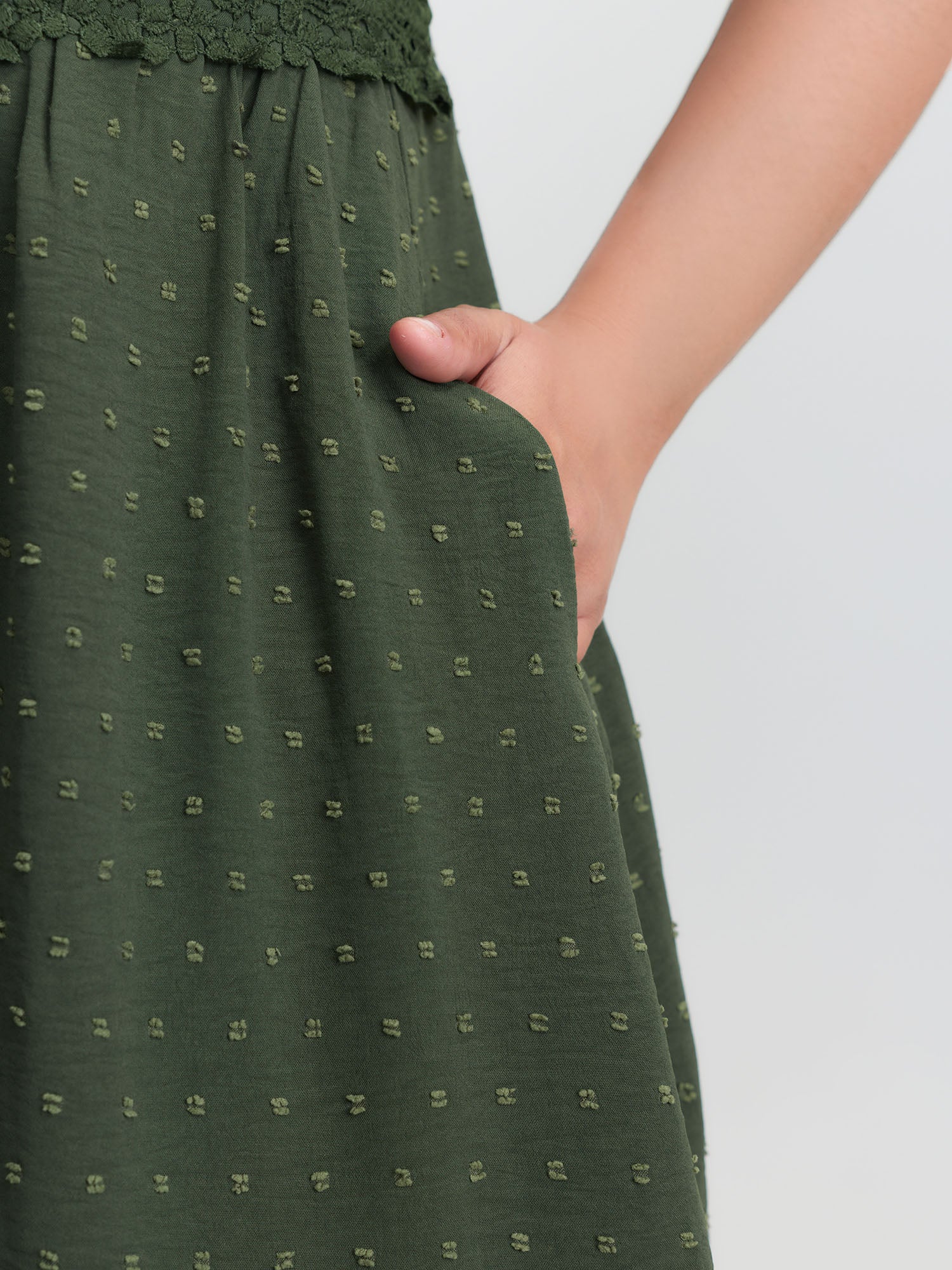 Textured Polka Dots Lace Trim Mini Dress - Image 4