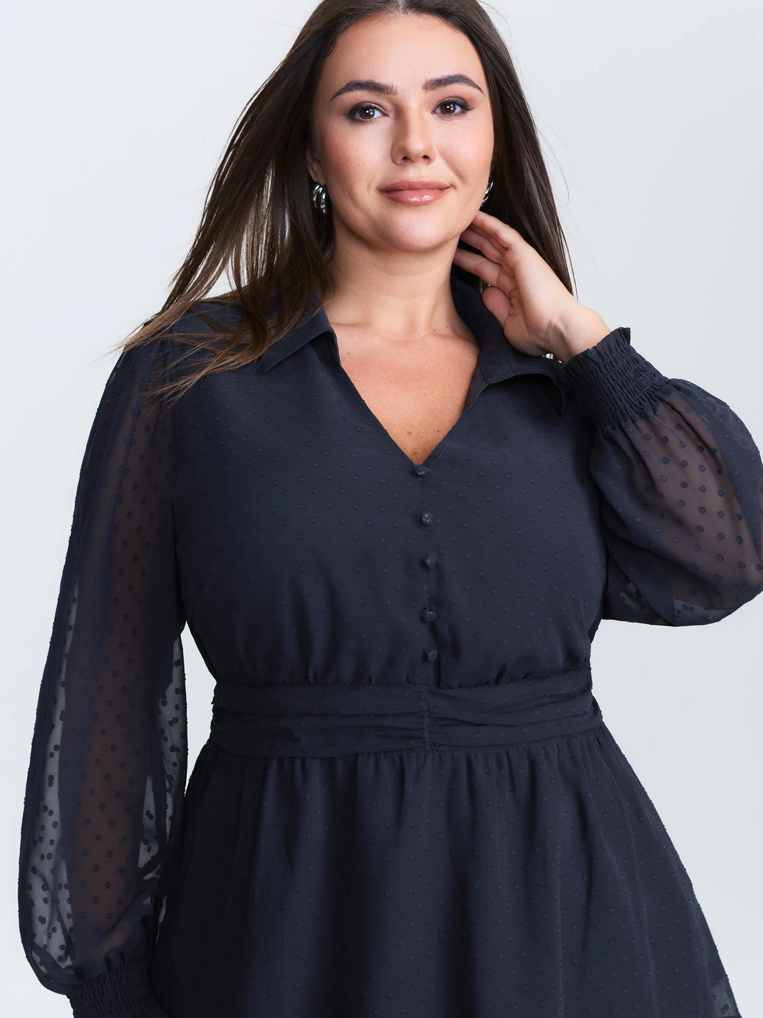 Textured Polka Dots Shirred Sheer Blouse - Image 2