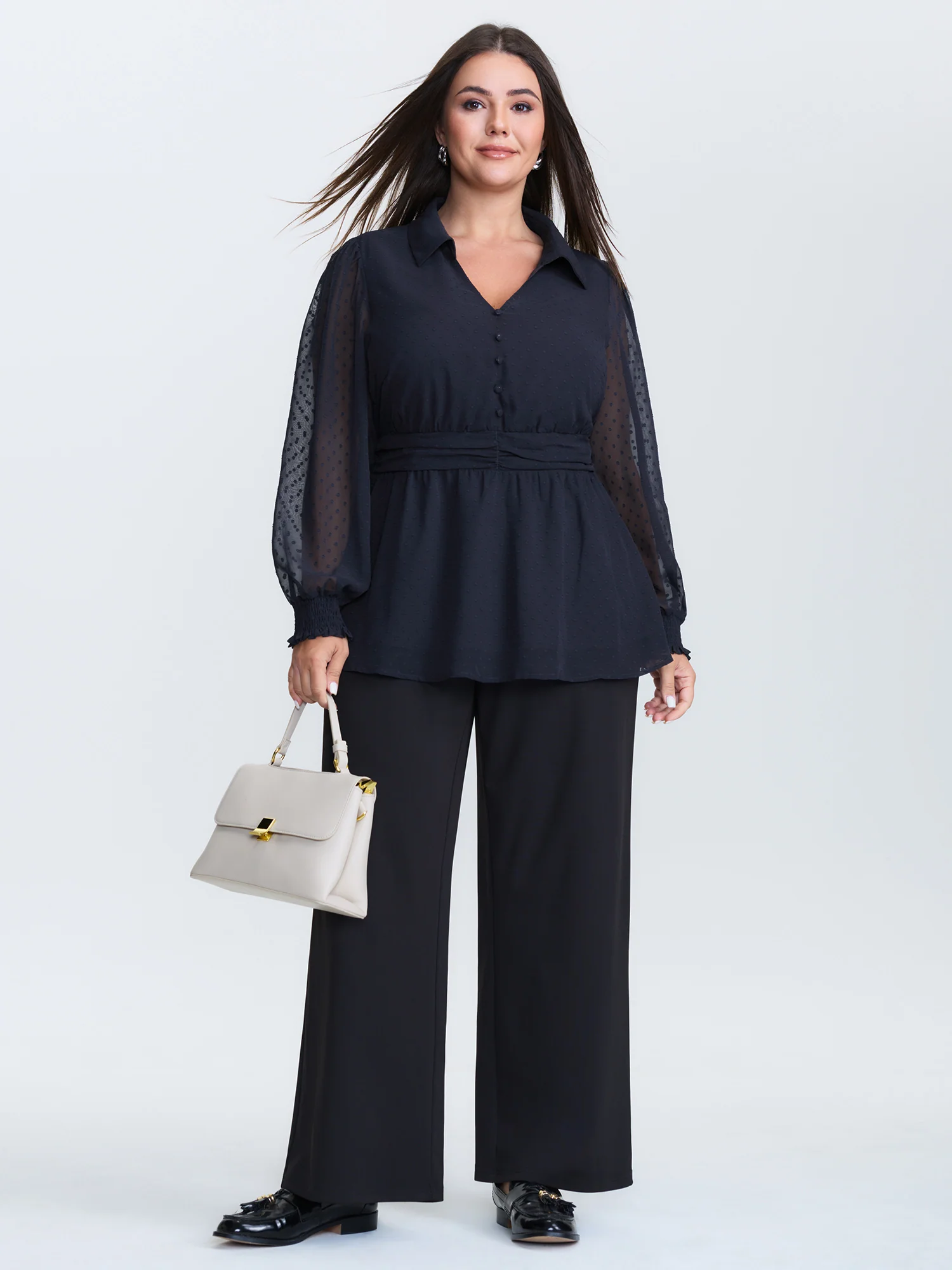 Textured Polka Dots Shirred Sheer Blouse - Image 3