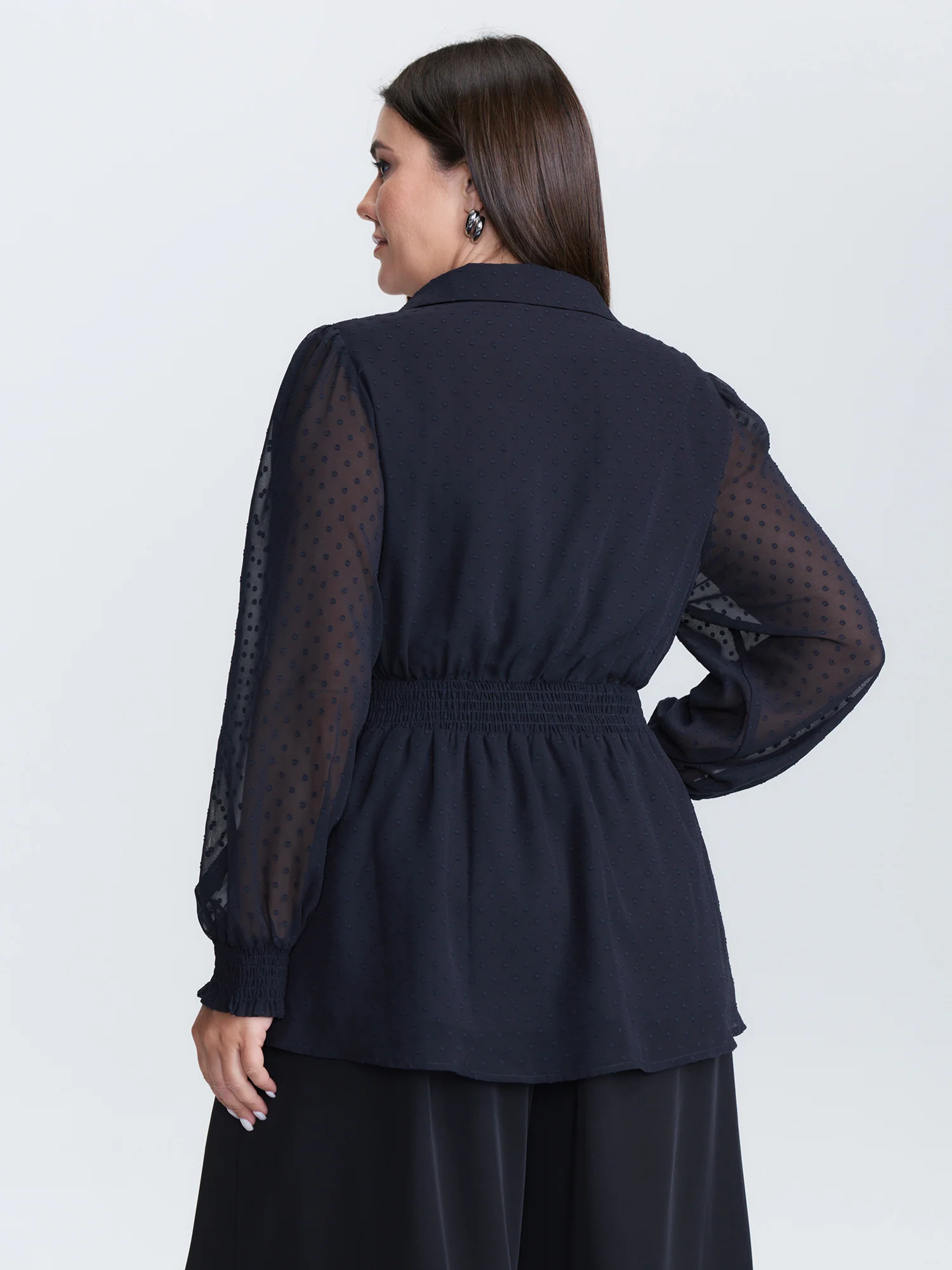 Textured Polka Dots Shirred Sheer Blouse - Image 4