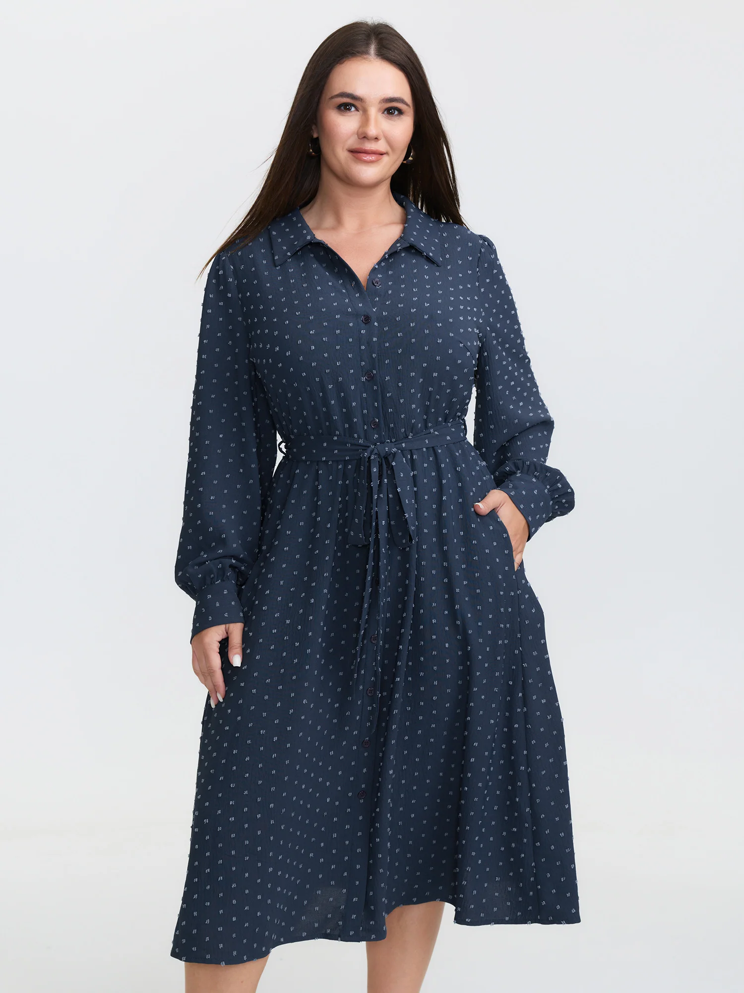 Textured Polka Dots Waist-Tie Midi Dress - Image 2