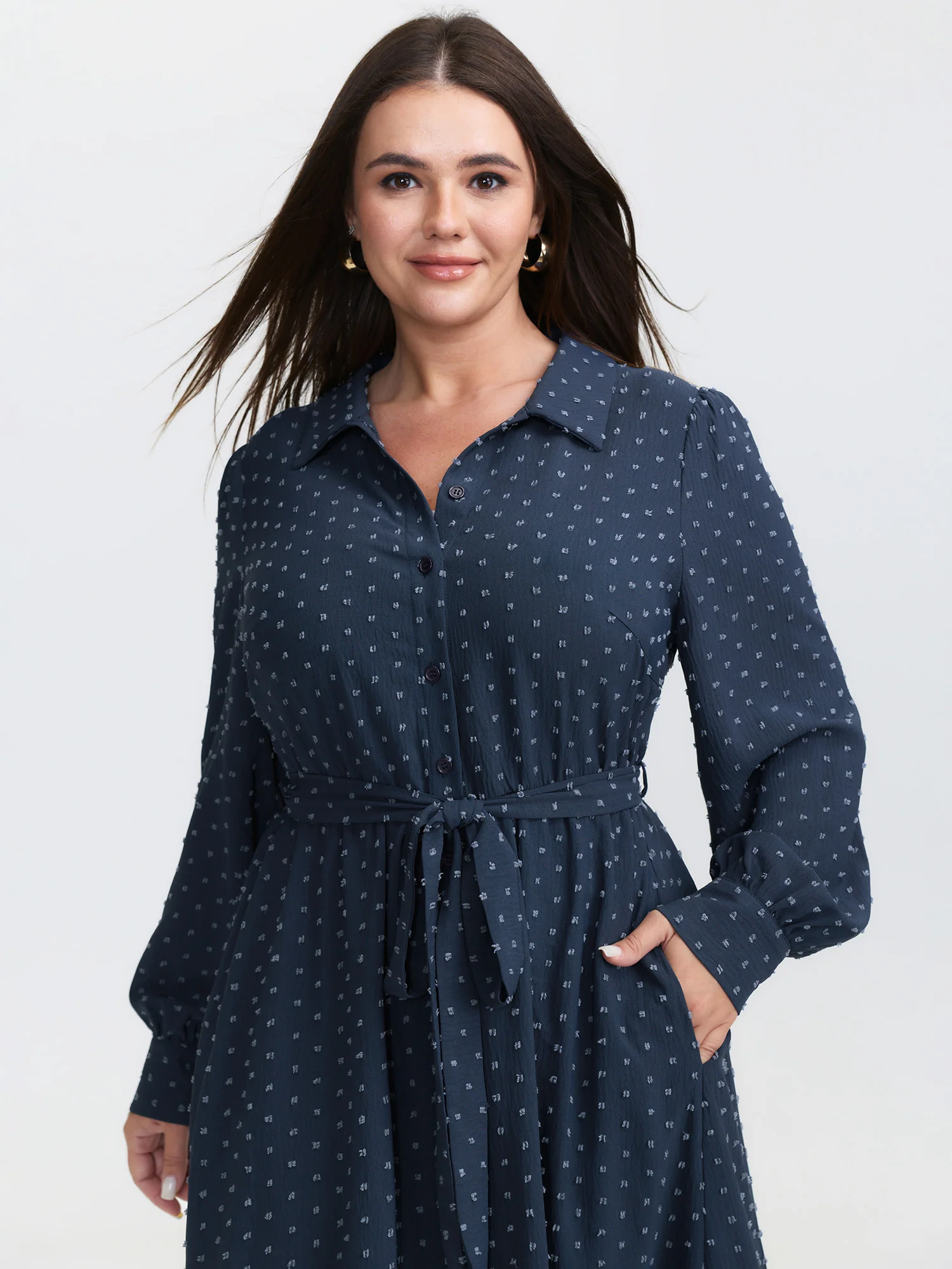 Textured Polka Dots Waist-Tie Midi Dress - Image 3