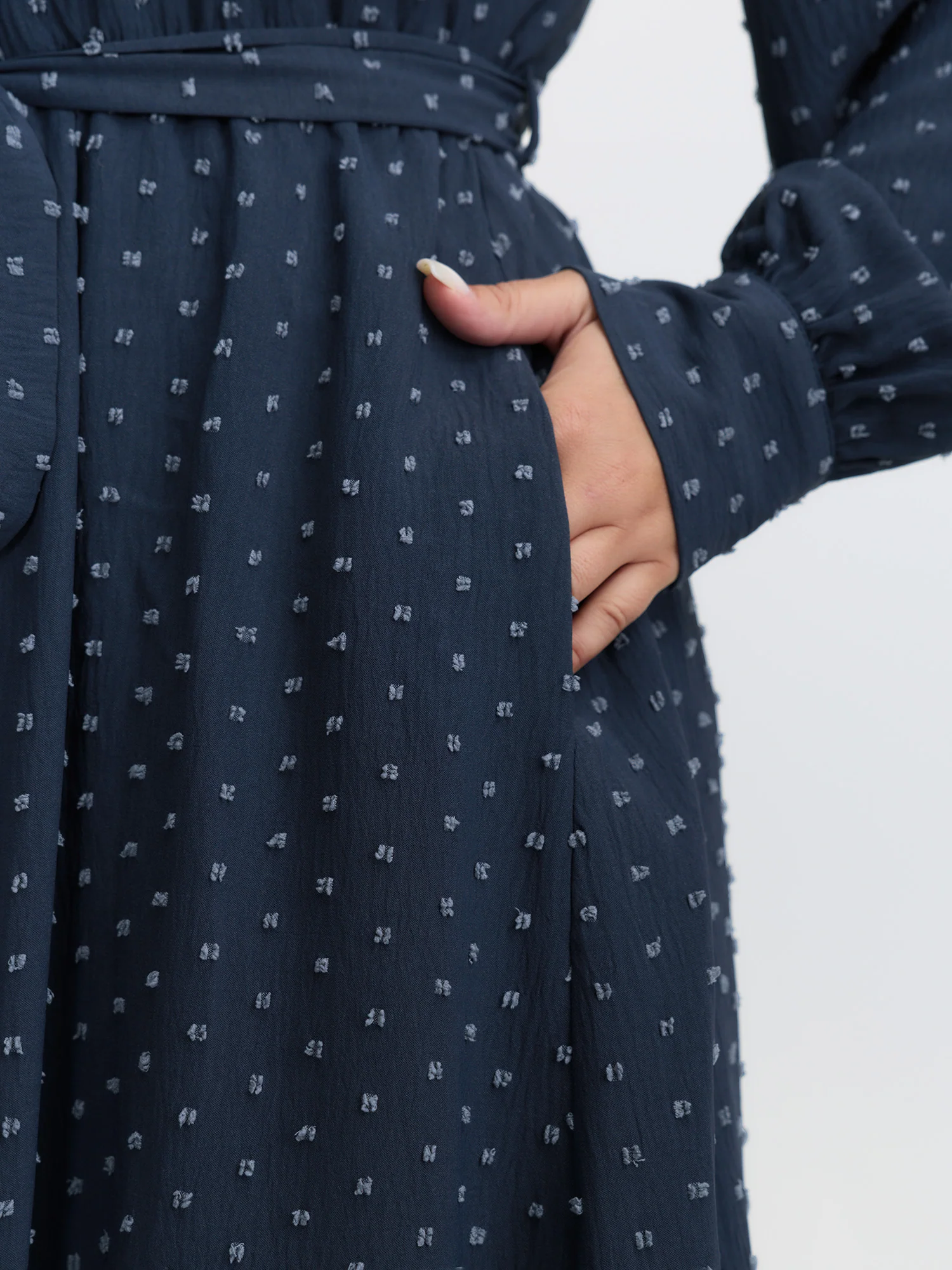 Textured Polka Dots Waist-Tie Midi Dress - Image 4