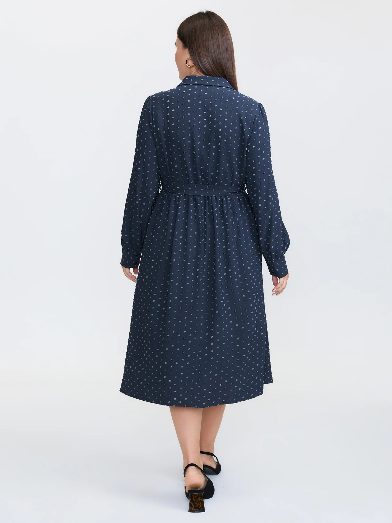 Textured Polka Dots Waist-Tie Midi Dress - Image 5
