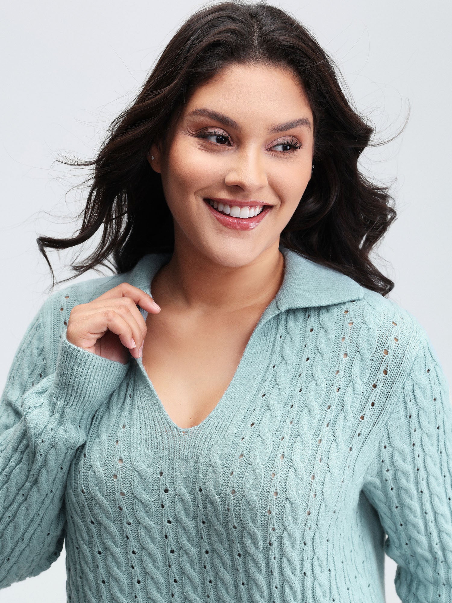 Textured Polo Collar Cable Knit Pullover - Image 2