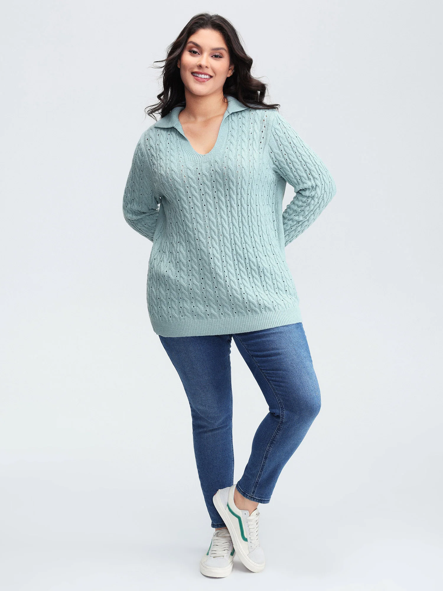 Textured Polo Collar Cable Knit Pullover - Image 3