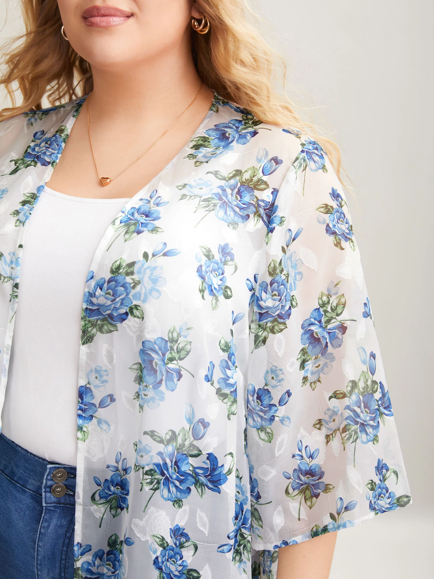 Textured Printed Puff Sleeve Kimono Cardigan - Image 2