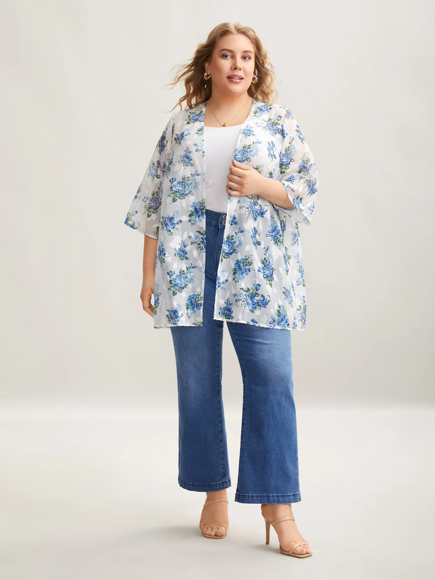 Textured Printed Puff Sleeve Kimono Cardigan - Image 3