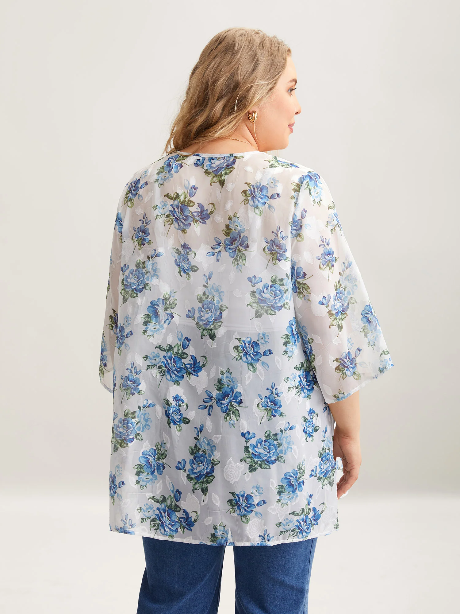 Textured Printed Puff Sleeve Kimono Cardigan - Image 4