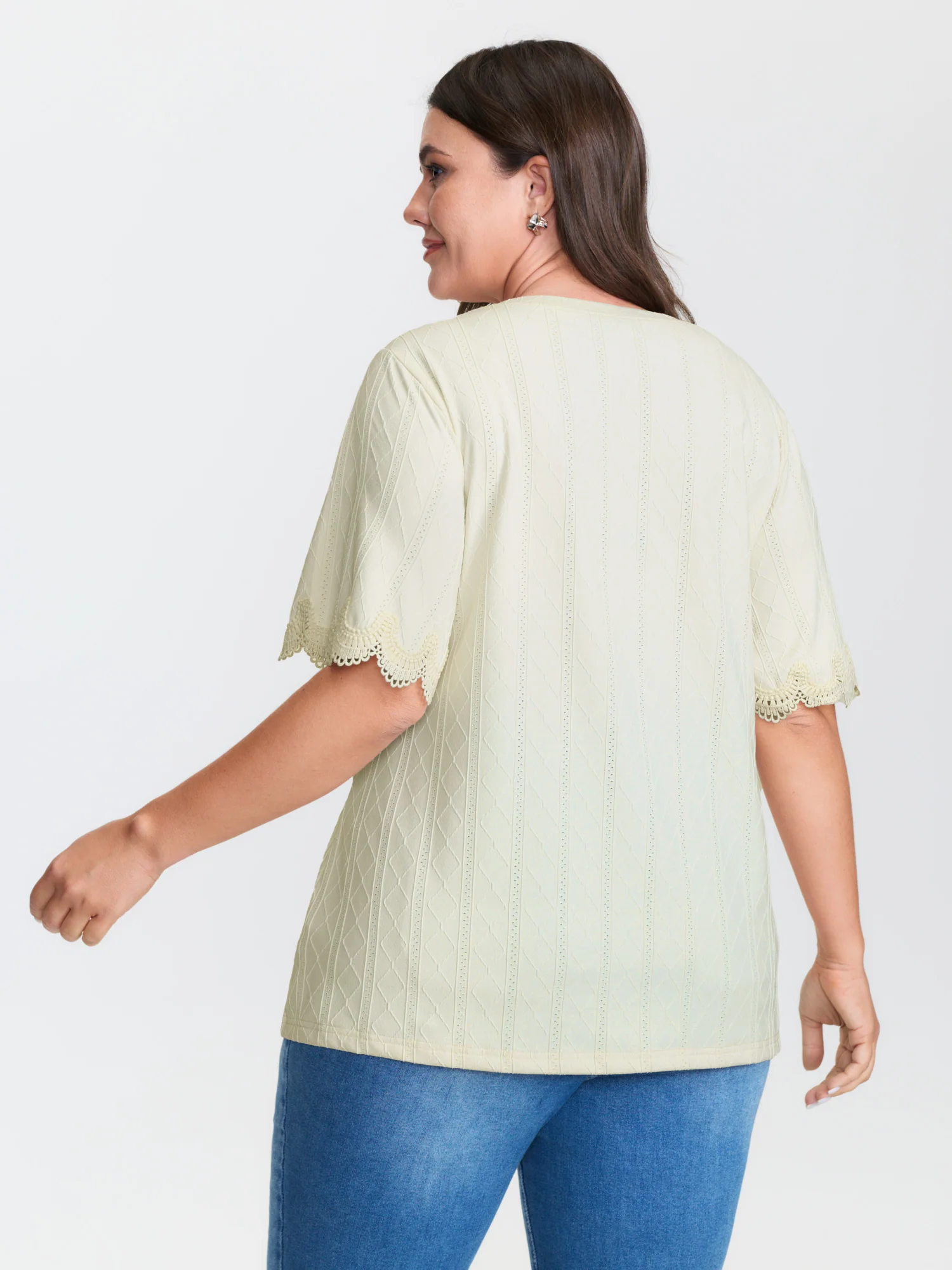 Textured Puff Sleeve Lace Trim T-Shirt - Image 5
