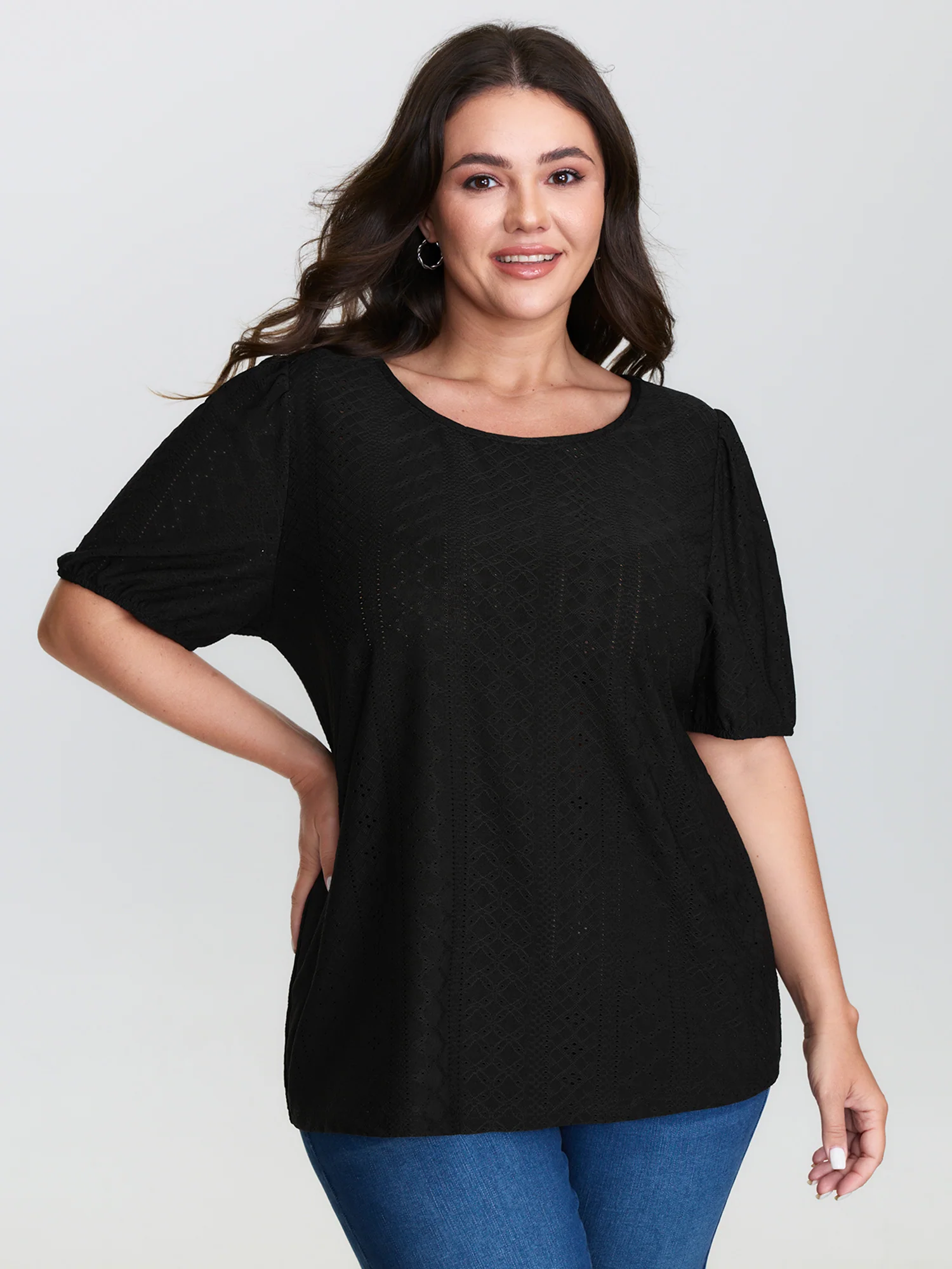 Textured Puffy Sleeve Round Neck T-Shirt - Image 2