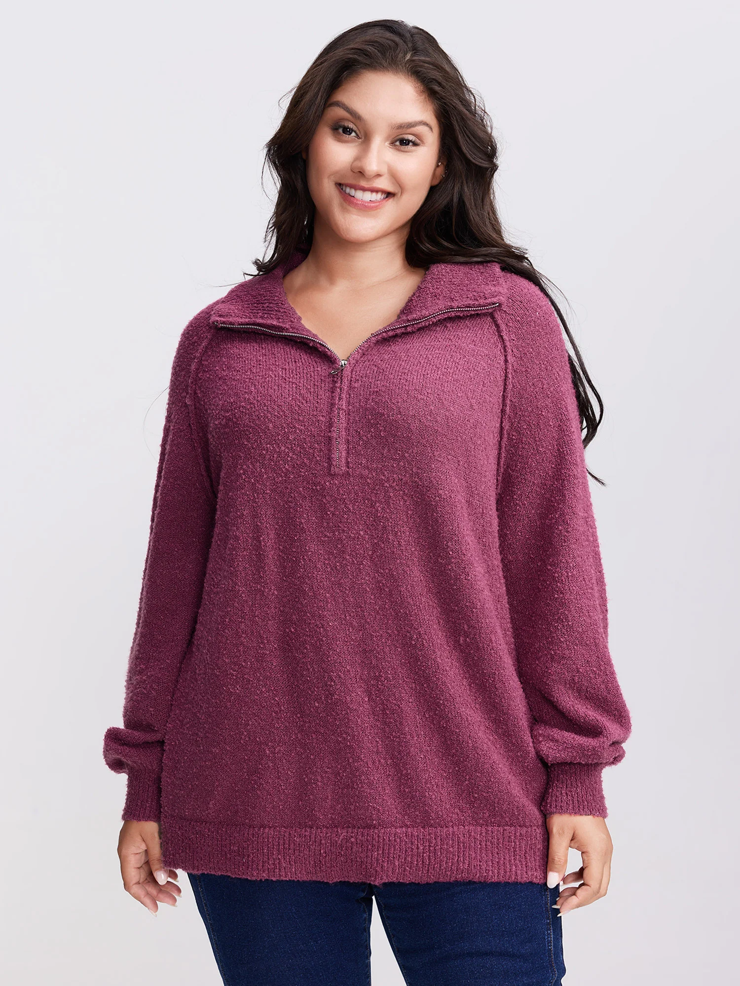 Textured Raglan Sleeve Zipper Pullover - Image 2